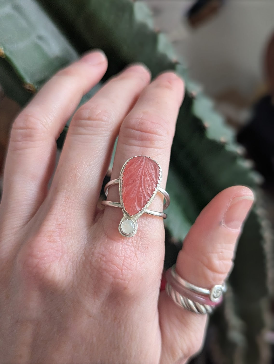 Carved Rhodonite and Moonstone Silver Ring - Size 10