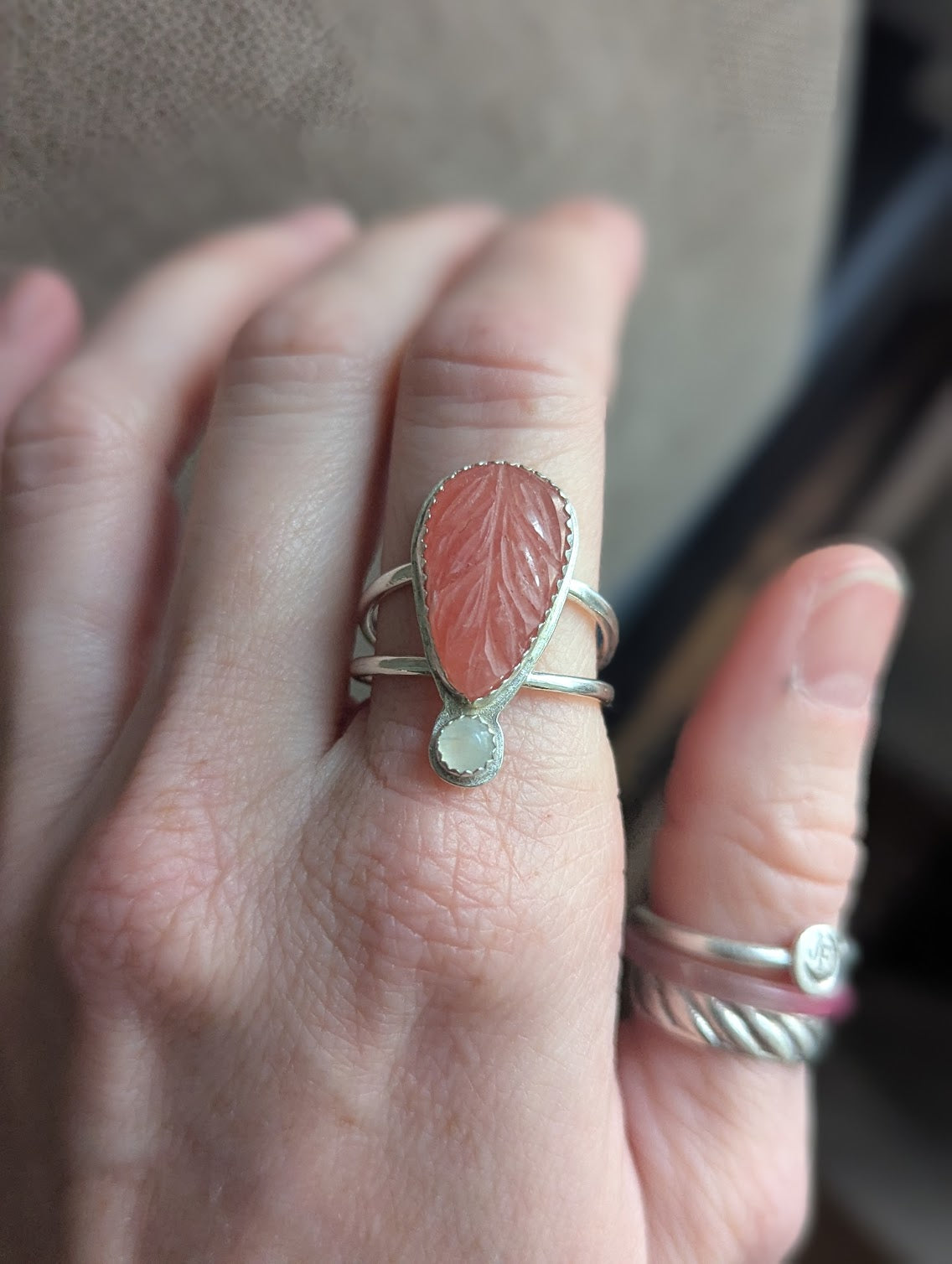 Carved Rhodonite and Moonstone Silver Ring - Size 10