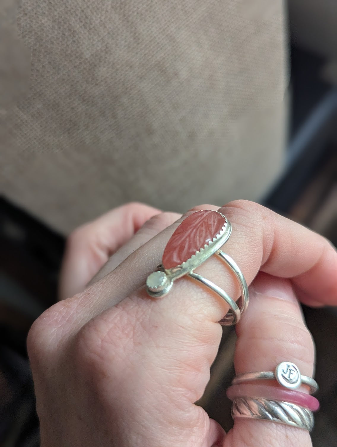 Carved Rhodonite and Moonstone Silver Ring - Size 10