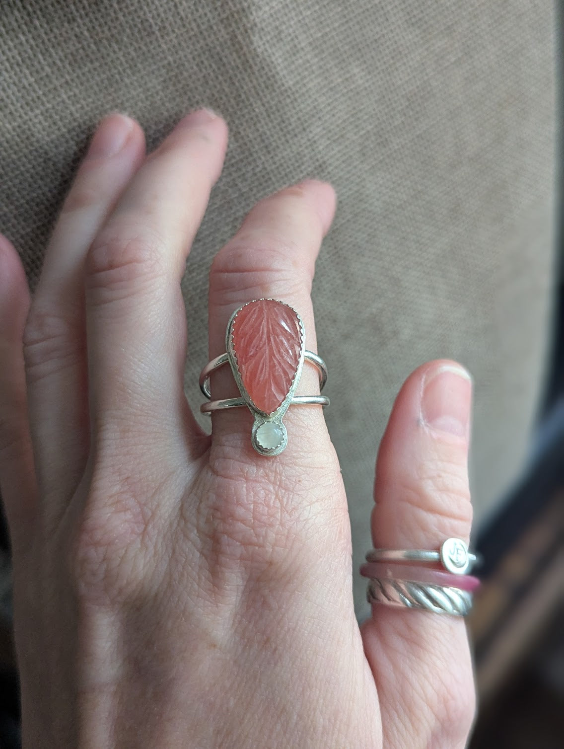 Carved Rhodonite and Moonstone Silver Ring - Size 10