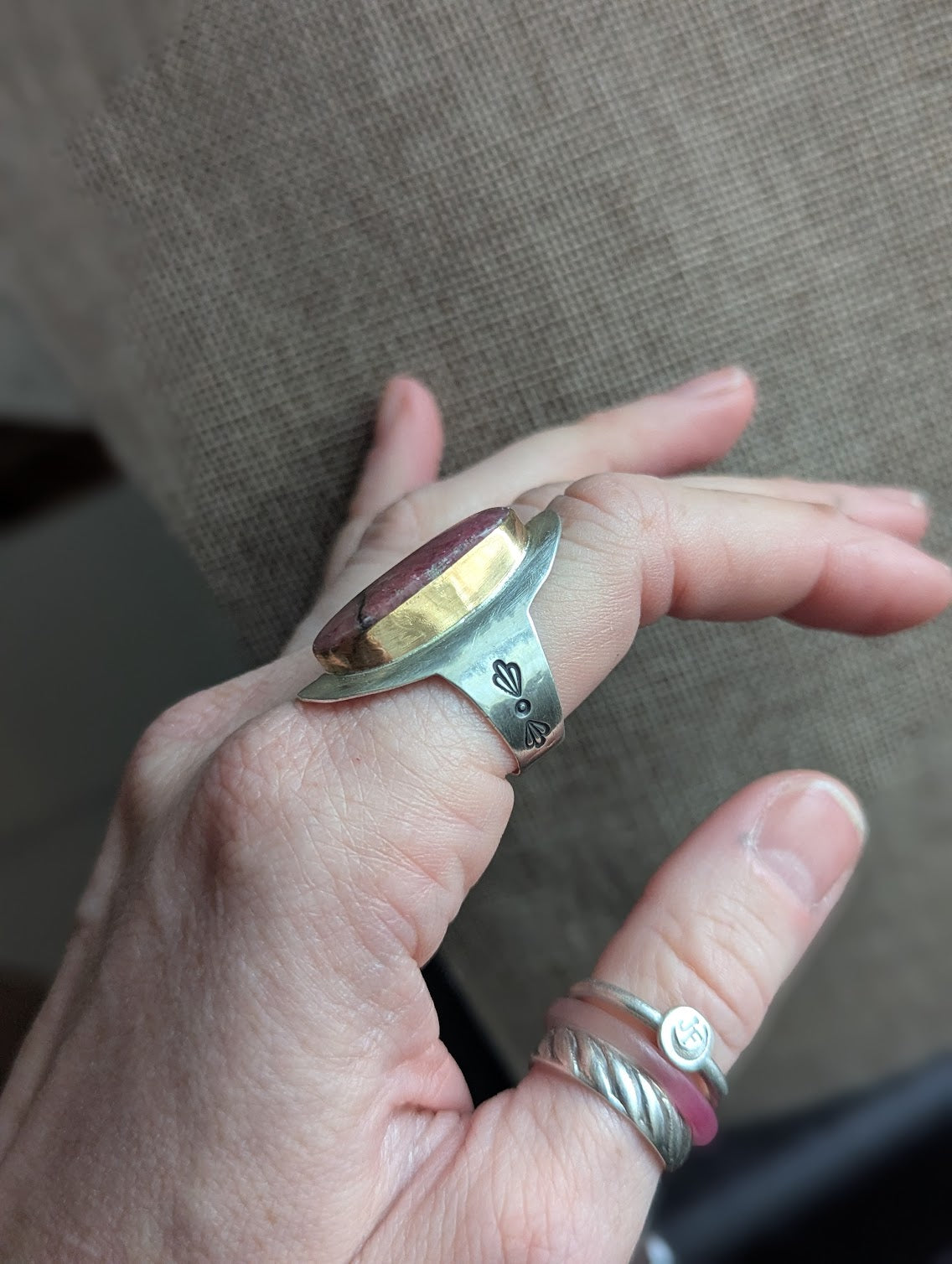 Rhodonite Silver and Gold Mixed Metal Shield Ring - Size 9