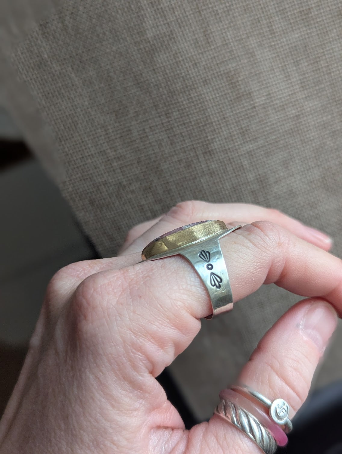 Rhodonite Silver and Gold Mixed Metal Shield Ring - Size 9