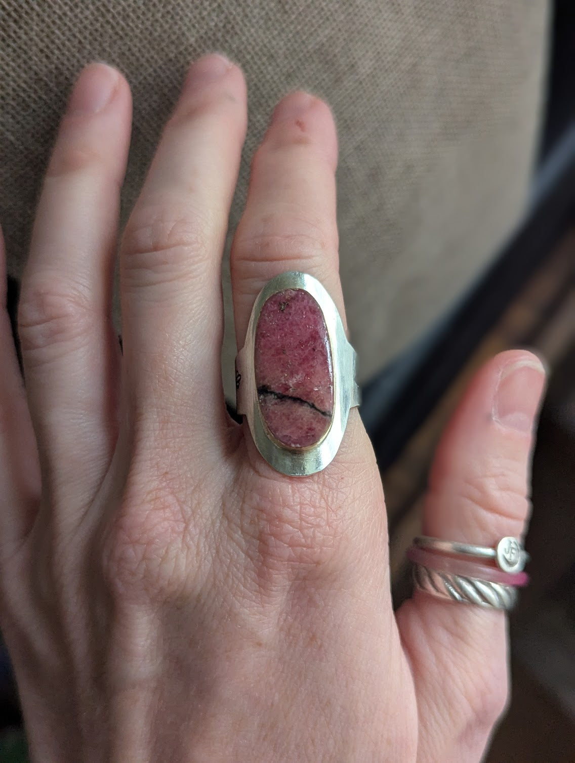 Rhodonite Silver and Gold Mixed Metal Shield Ring - Size 9