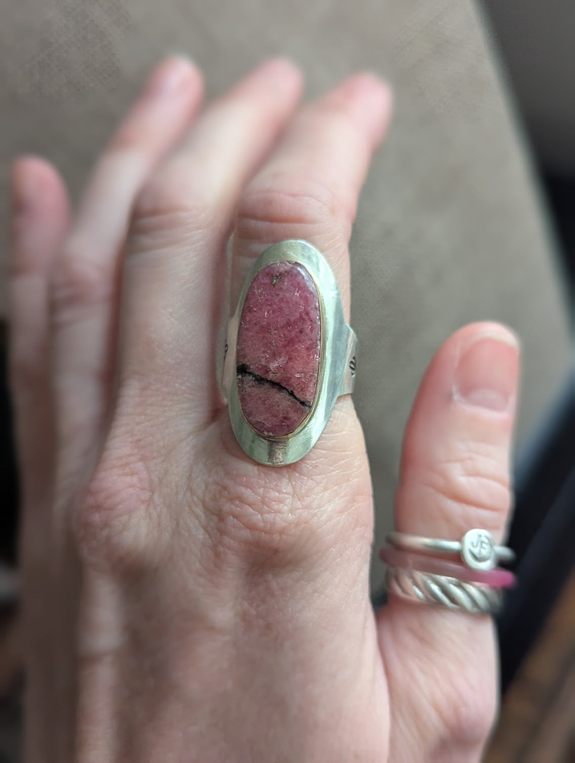 Rhodonite Silver and Gold Mixed Metal Shield Ring - Size 9
