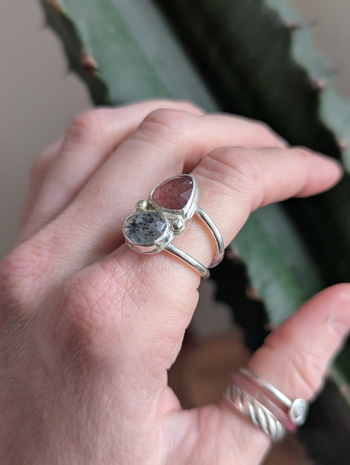 Strawberry Quartz and Dot Rutile Quartz Silver Ring - Size 6