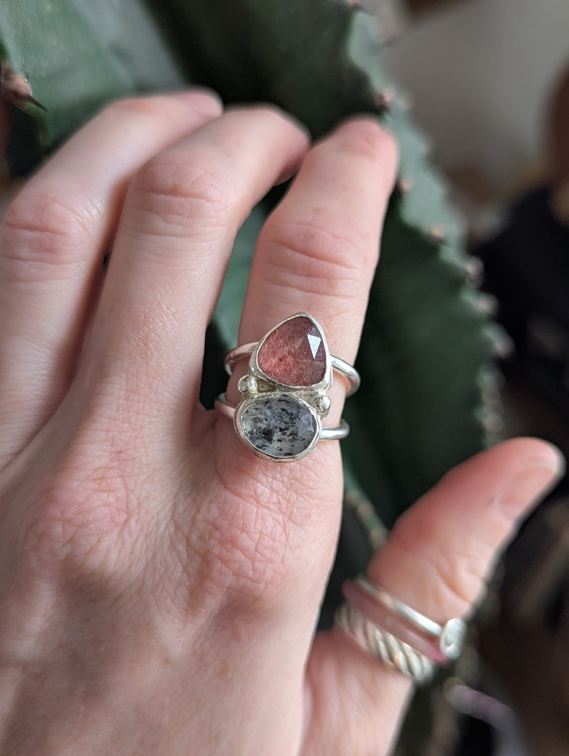 Strawberry Quartz and Dot Rutile Quartz Silver Ring - Size 6