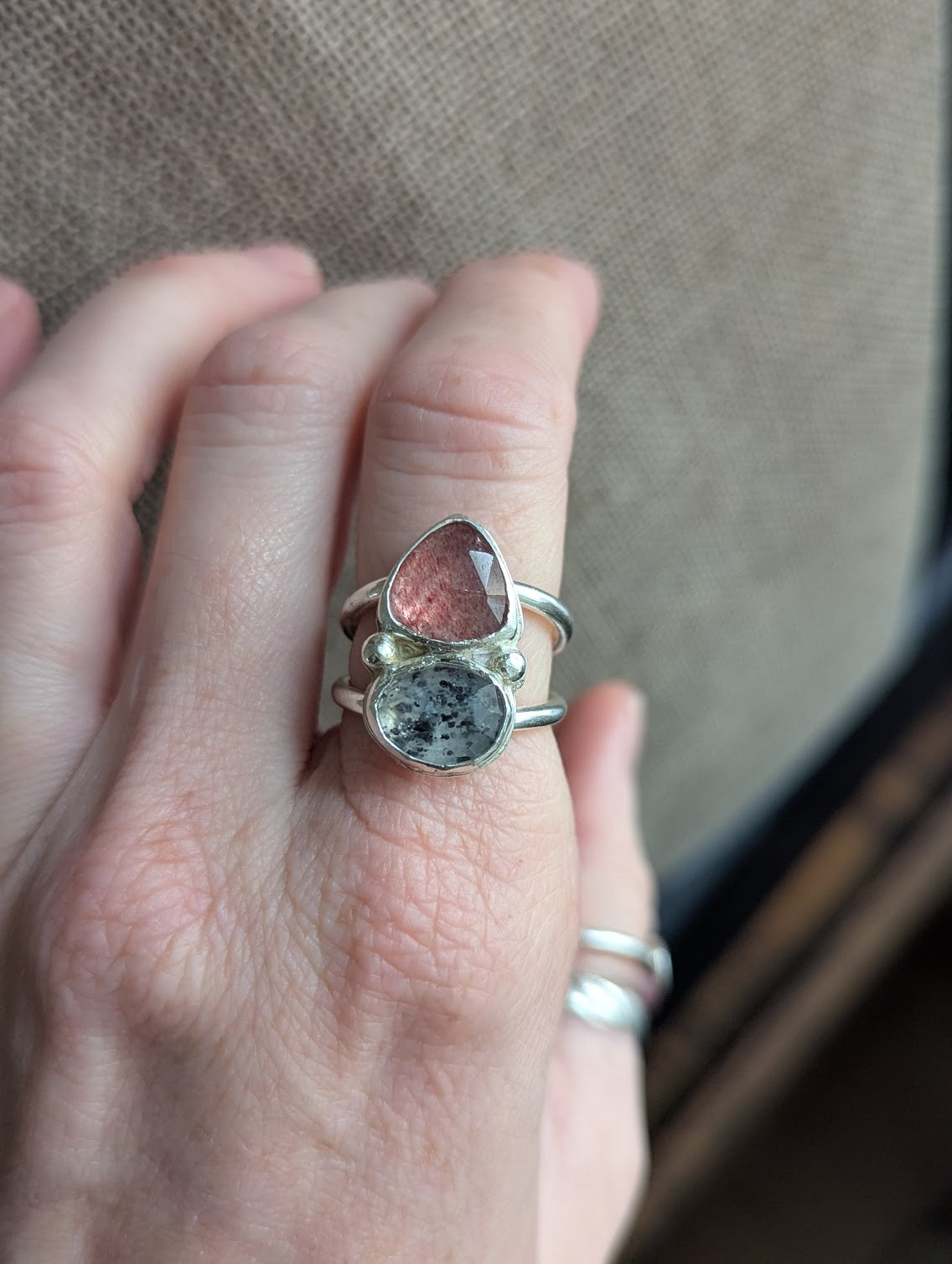 Strawberry Quartz and Dot Rutile Quartz Silver Ring - Size 6