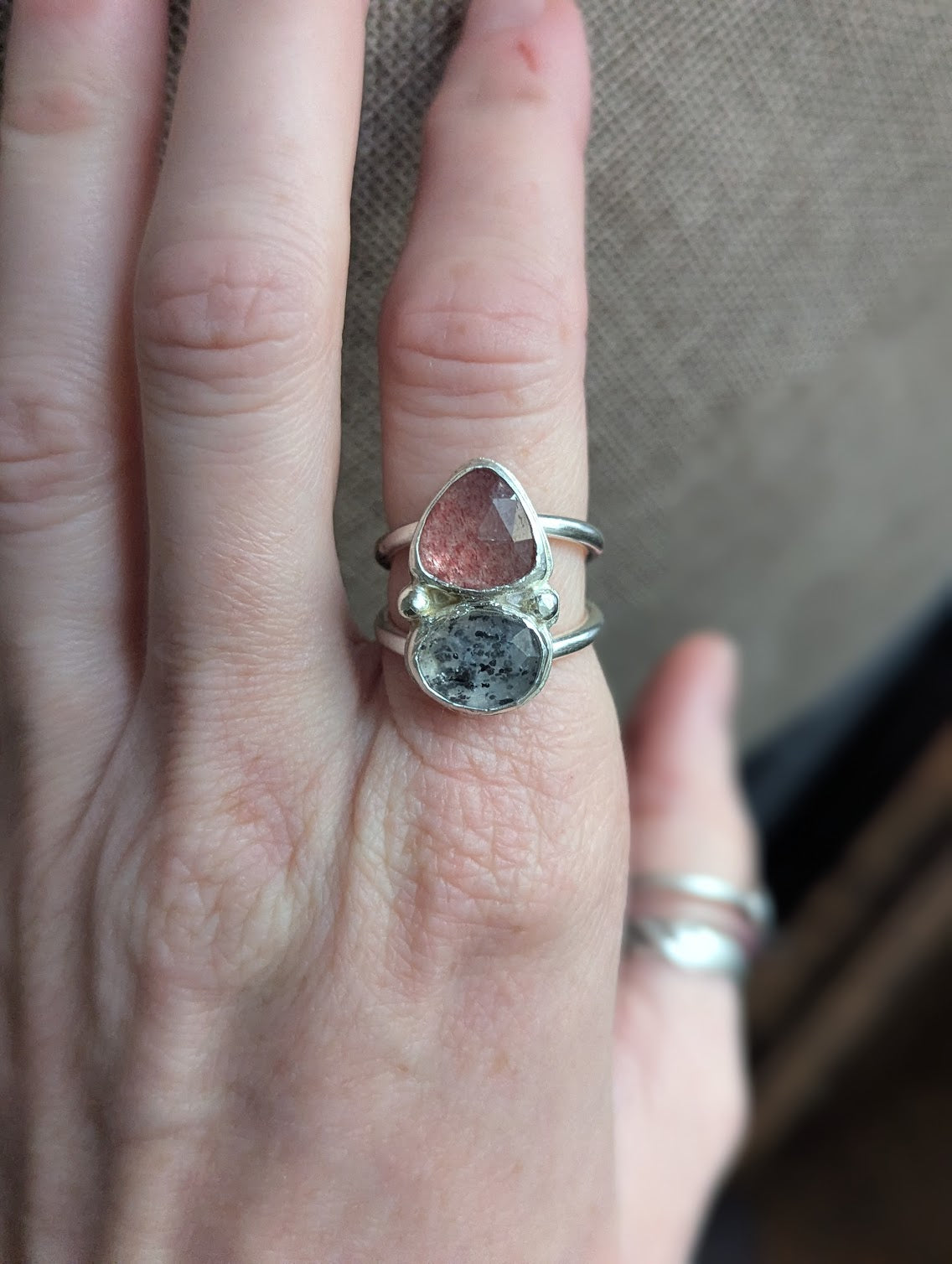 Strawberry Quartz and Dot Rutile Quartz Silver Ring - Size 6