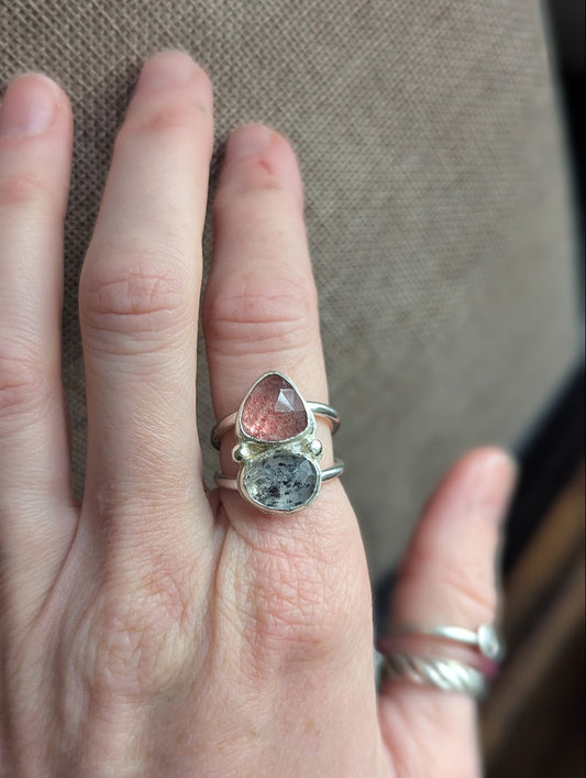 Strawberry Quartz and Dot Rutile Quartz Silver Ring - Size 6