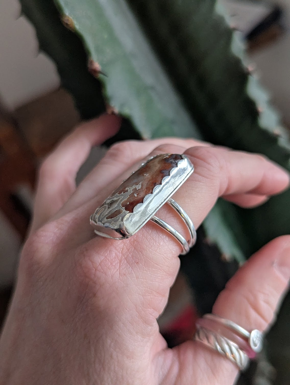 Large Crazy Lace Agate Rectangle Silver Ring - Size 8