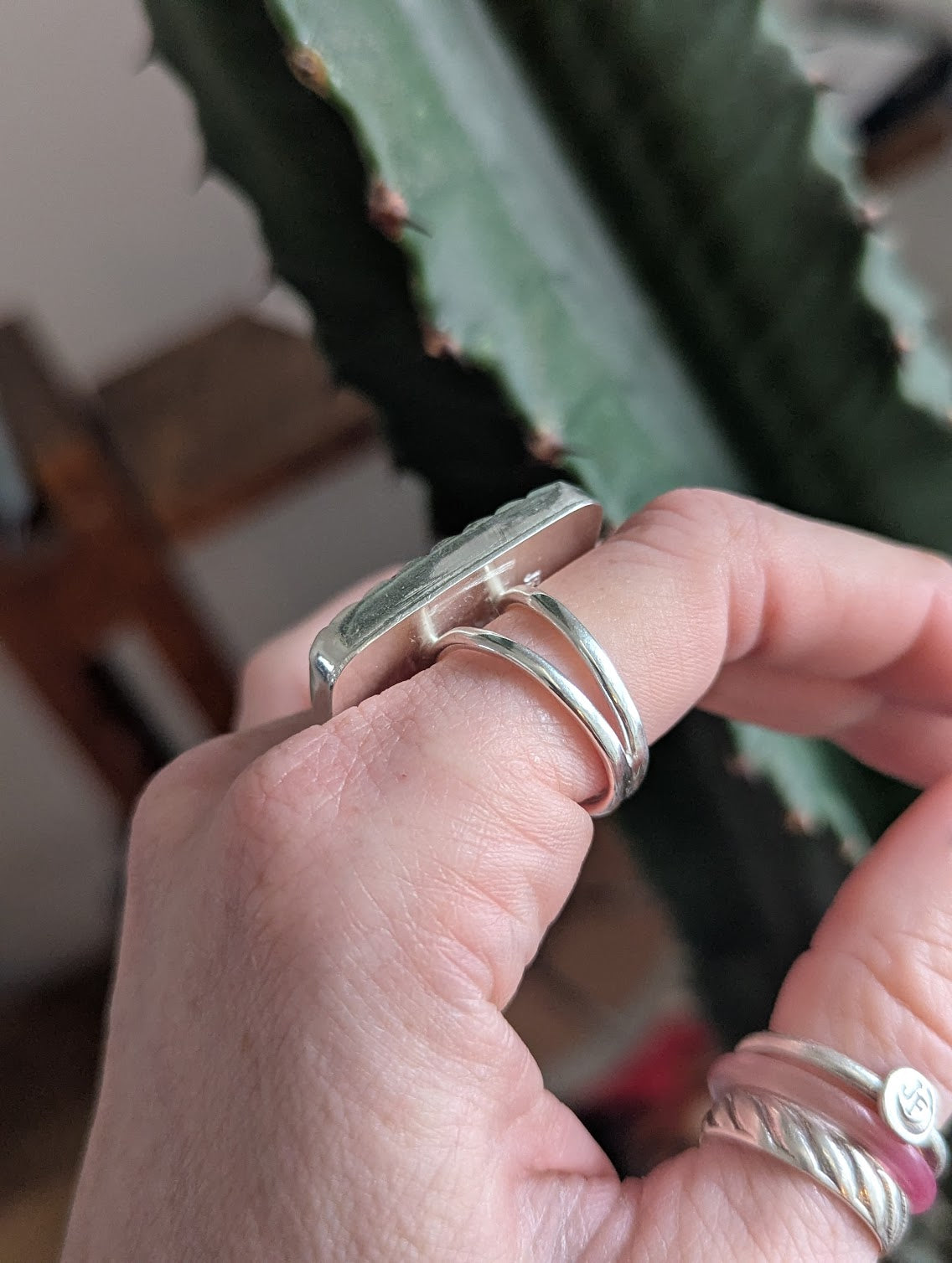 Large Crazy Lace Agate Rectangle Silver Ring - Size 8