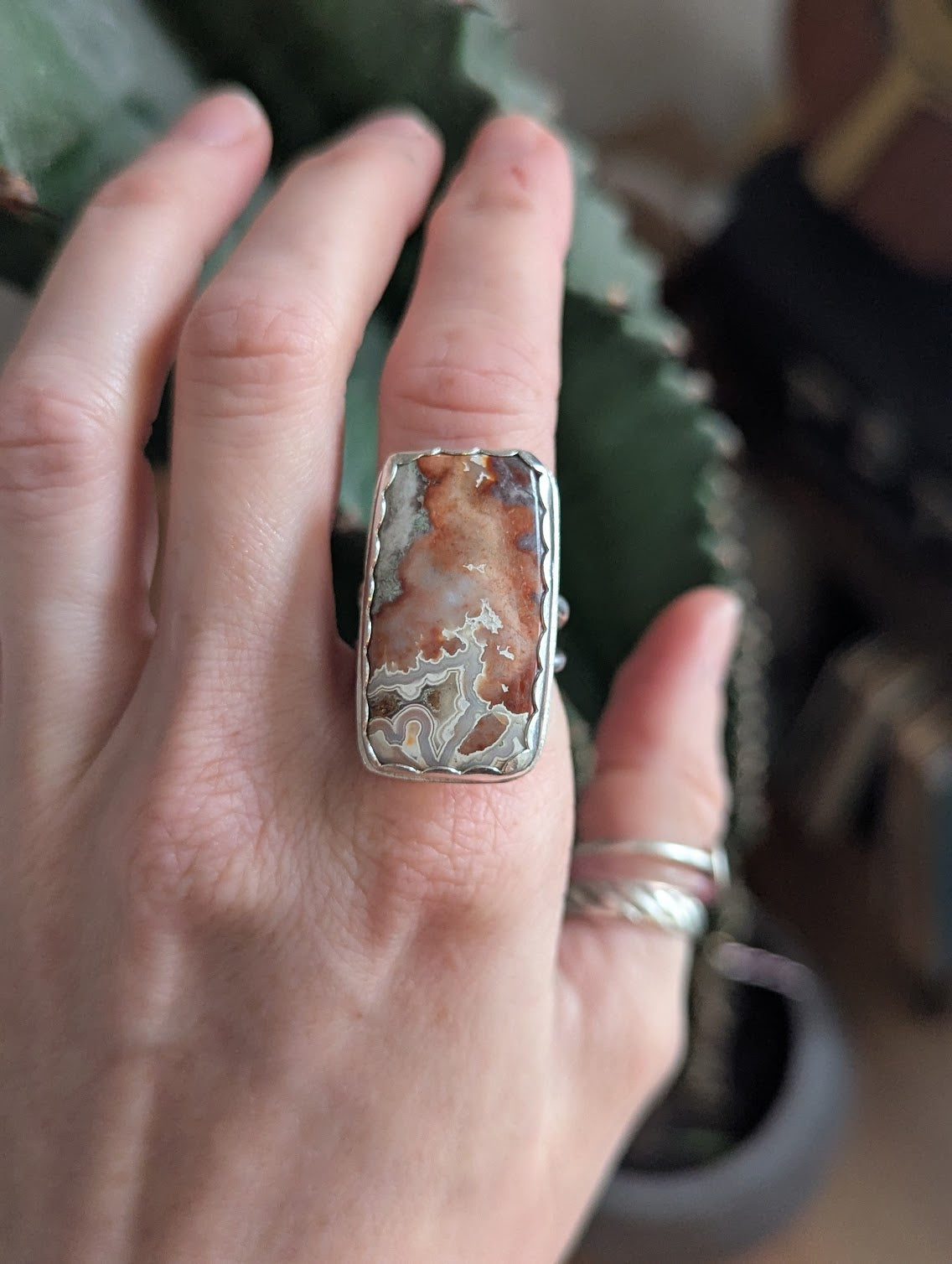 Large Crazy Lace Agate Rectangle Silver Ring - Size 8