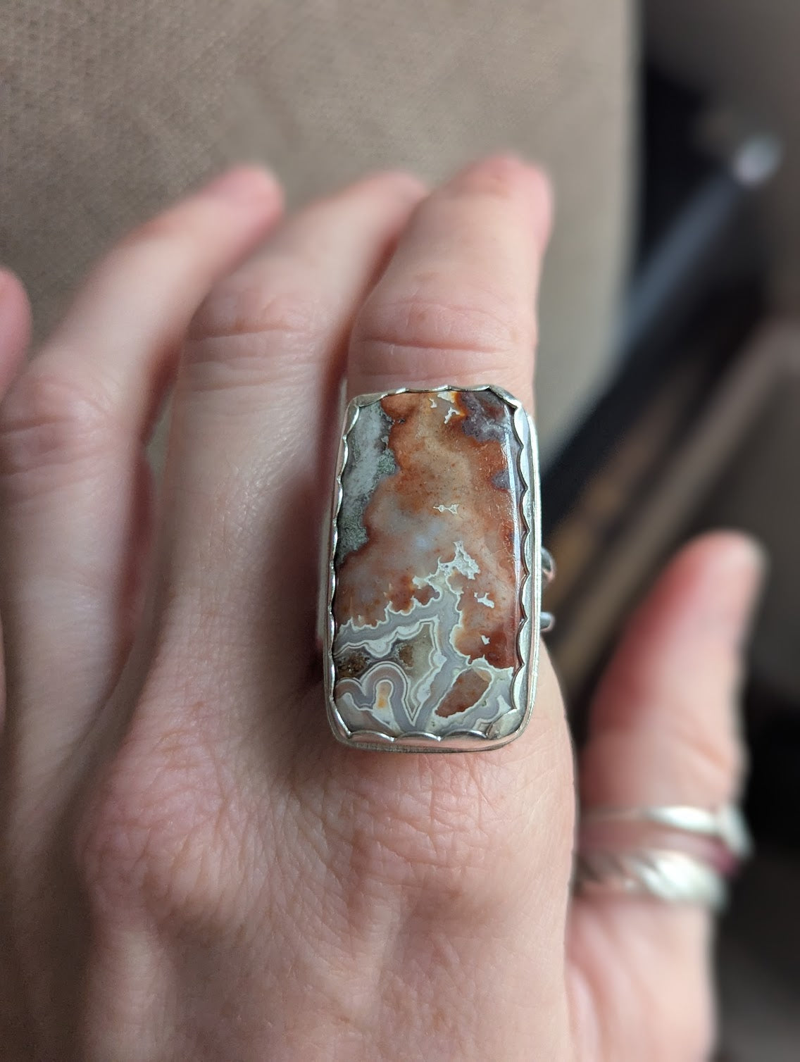 Large Crazy Lace Agate Rectangle Silver Ring - Size 8
