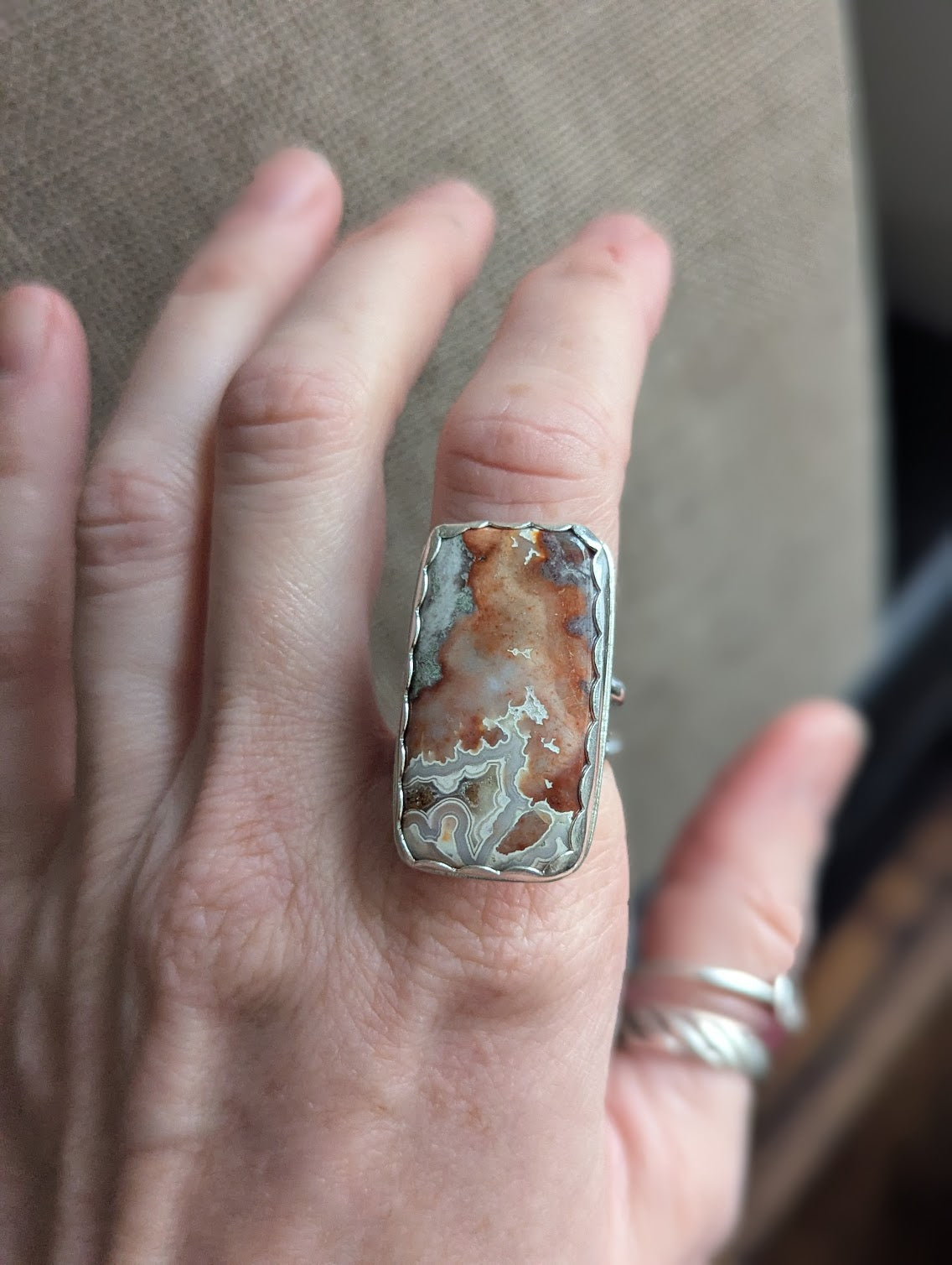 Large Crazy Lace Agate Rectangle Silver Ring - Size 8