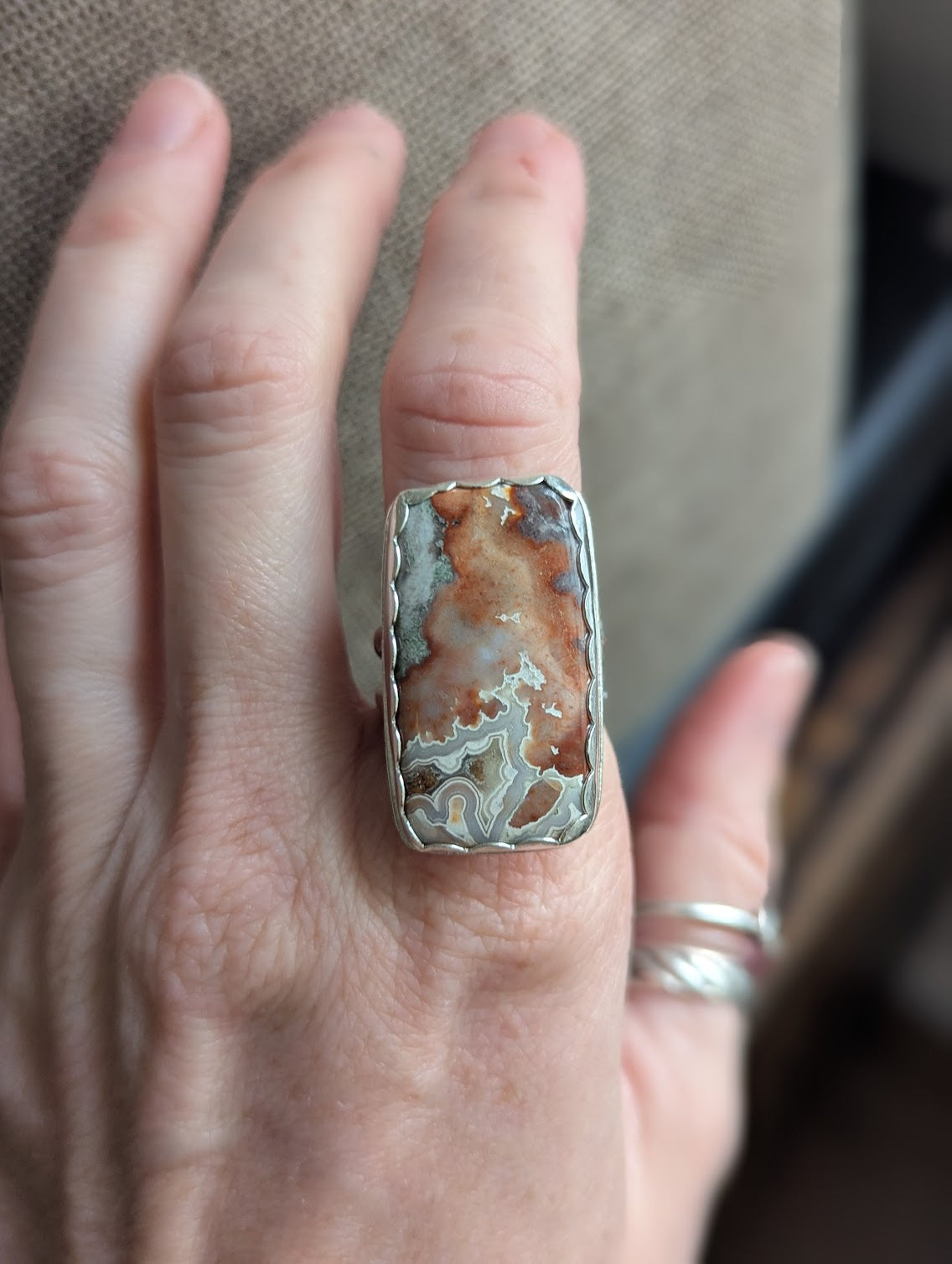 Large Crazy Lace Agate Rectangle Silver Ring - Size 8