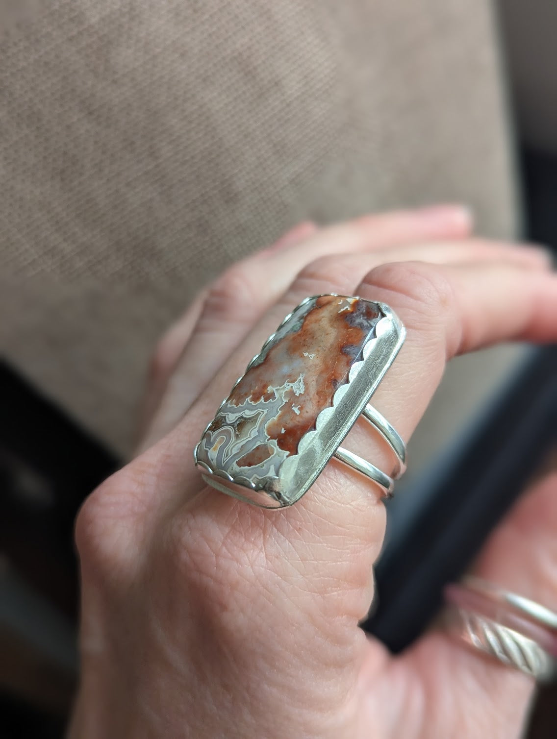 Large Crazy Lace Agate Rectangle Silver Ring - Size 8