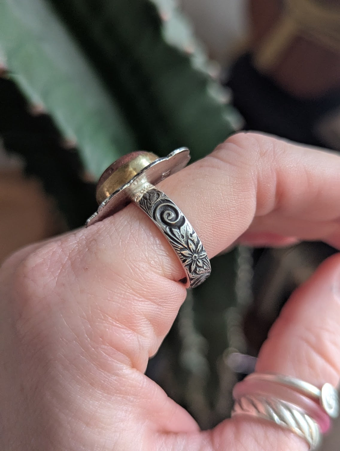 Cantera Fire Opal Floral Gold and Silver Ring - Size 8