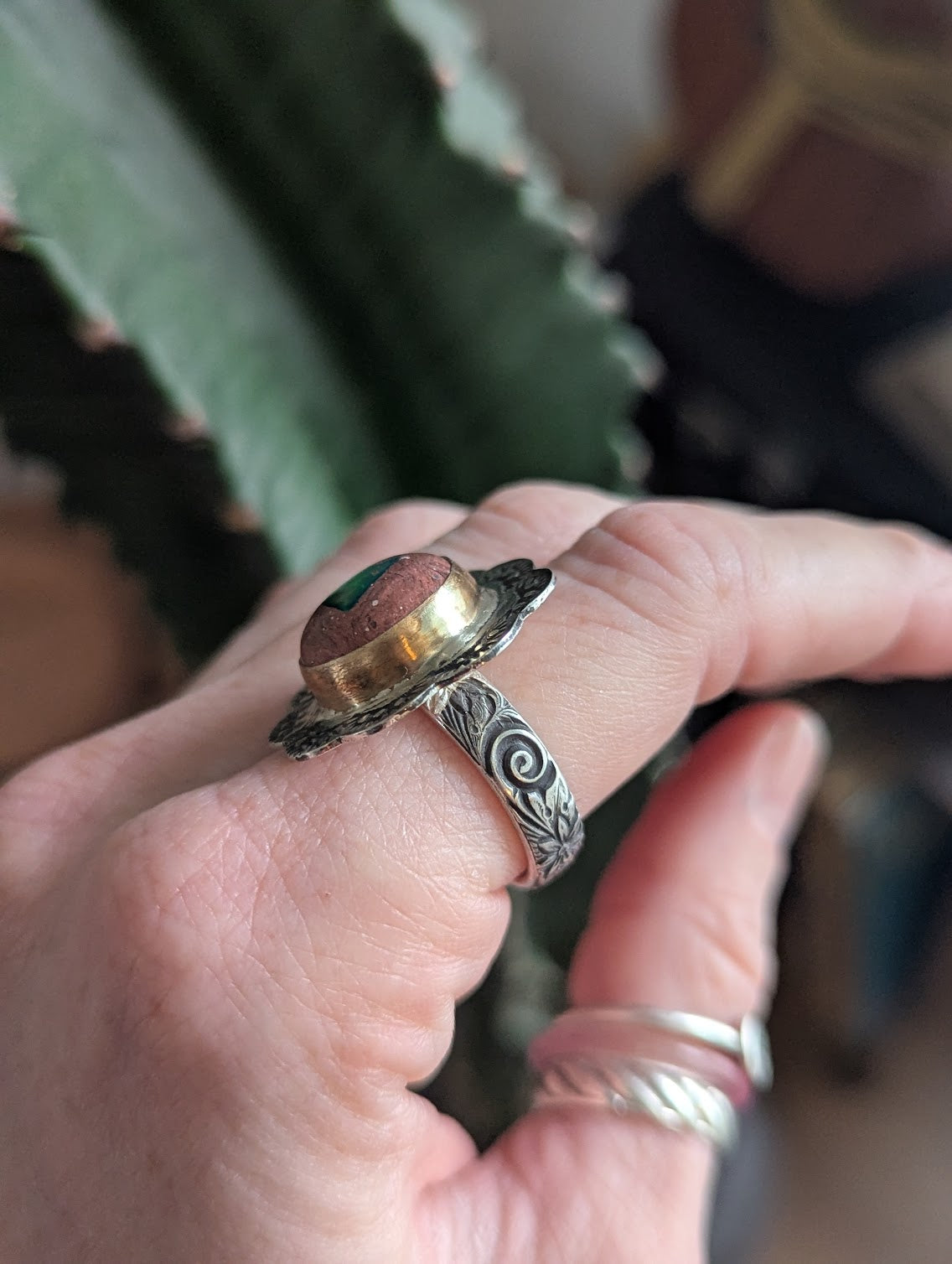 Cantera Fire Opal Floral Gold and Silver Ring - Size 8