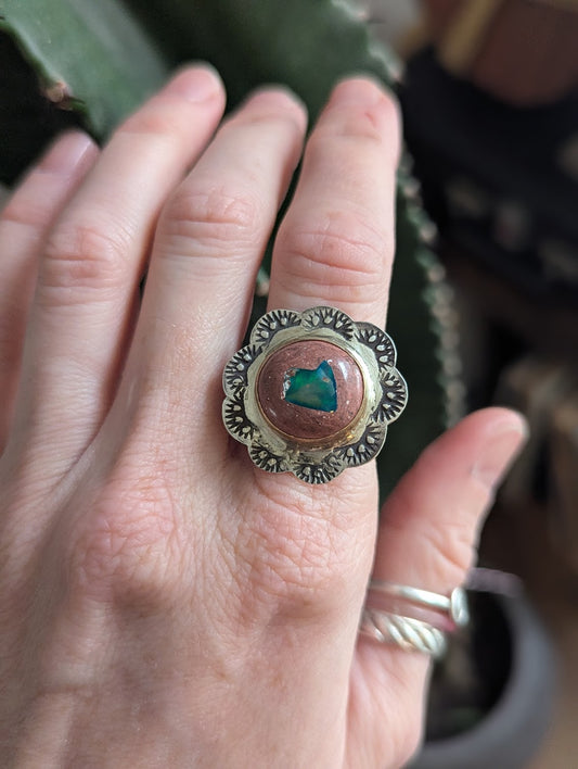 Cantera Fire Opal Floral Gold and Silver Ring - Size 8