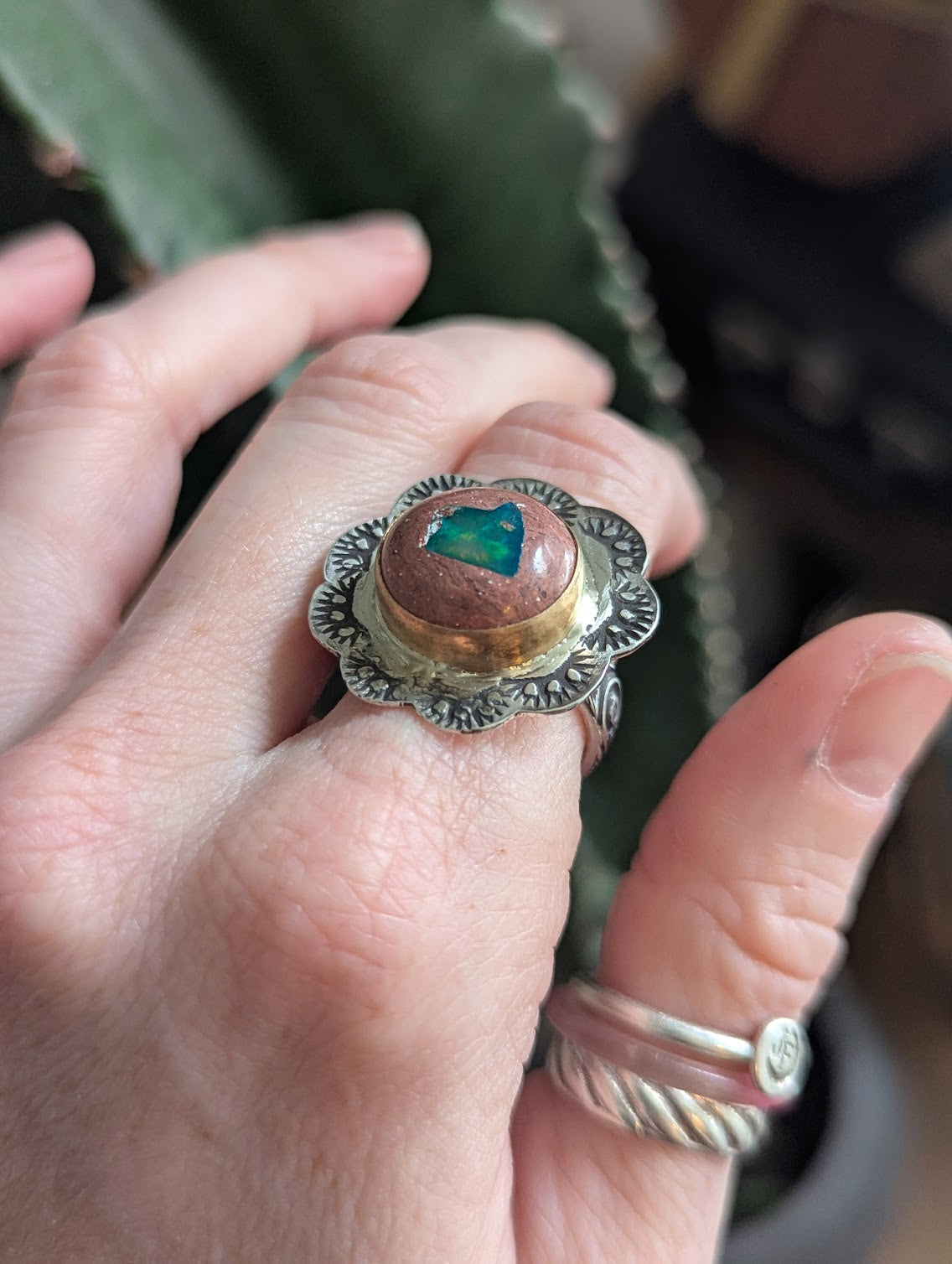 Cantera Fire Opal Floral Gold and Silver Ring - Size 8