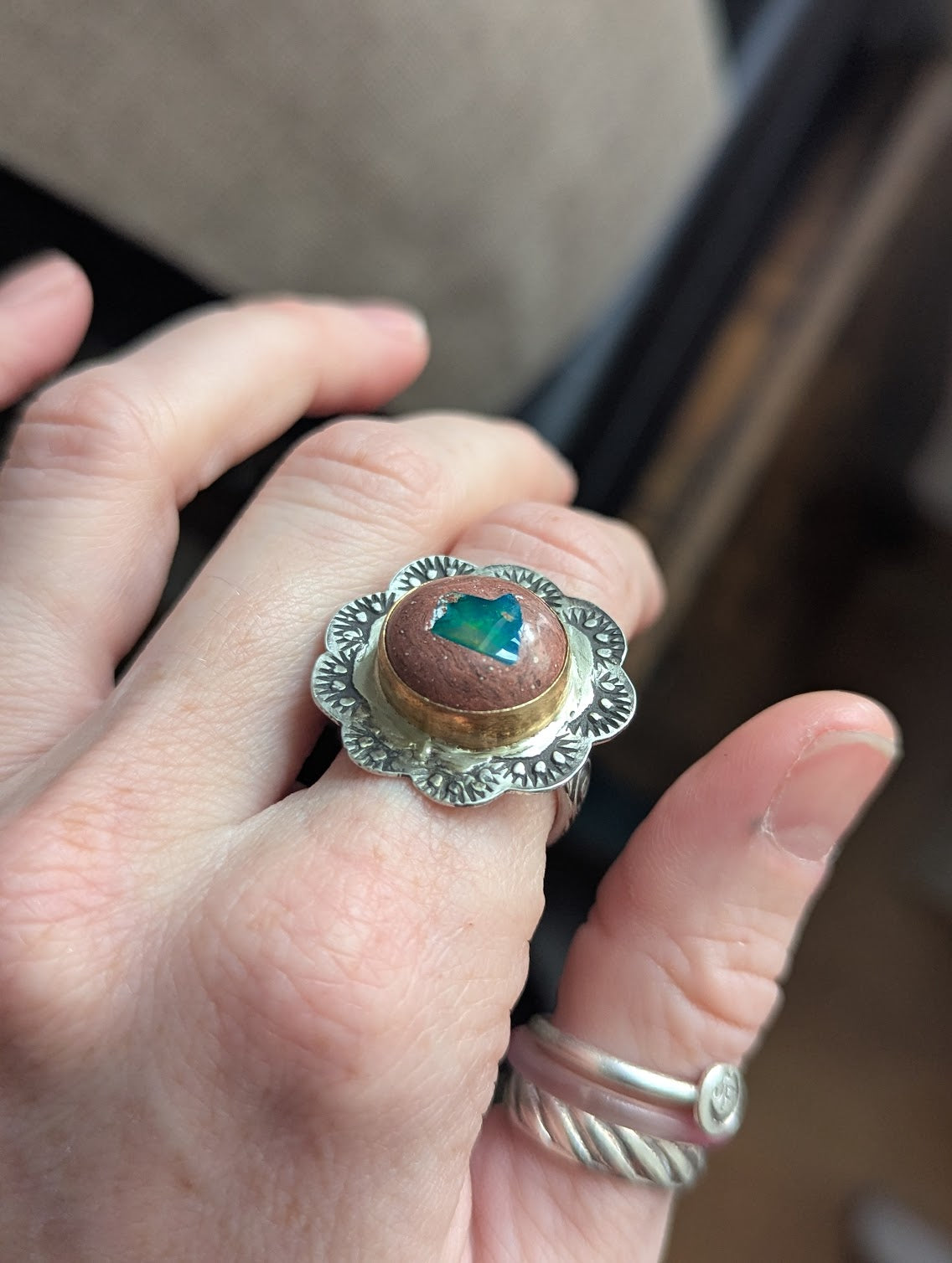 Cantera Fire Opal Floral Gold and Silver Ring - Size 8