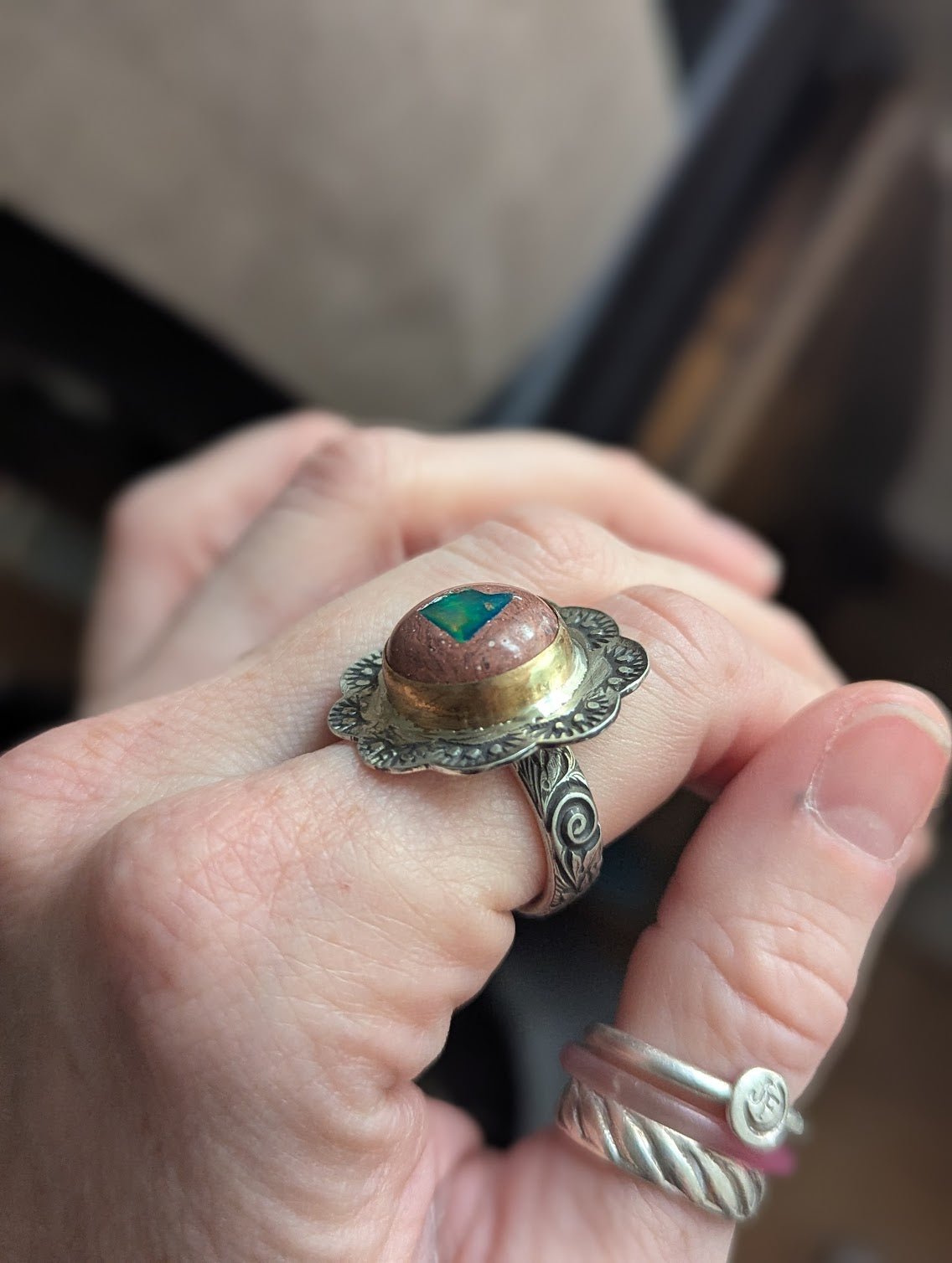 Cantera Fire Opal Floral Gold and Silver Ring - Size 8