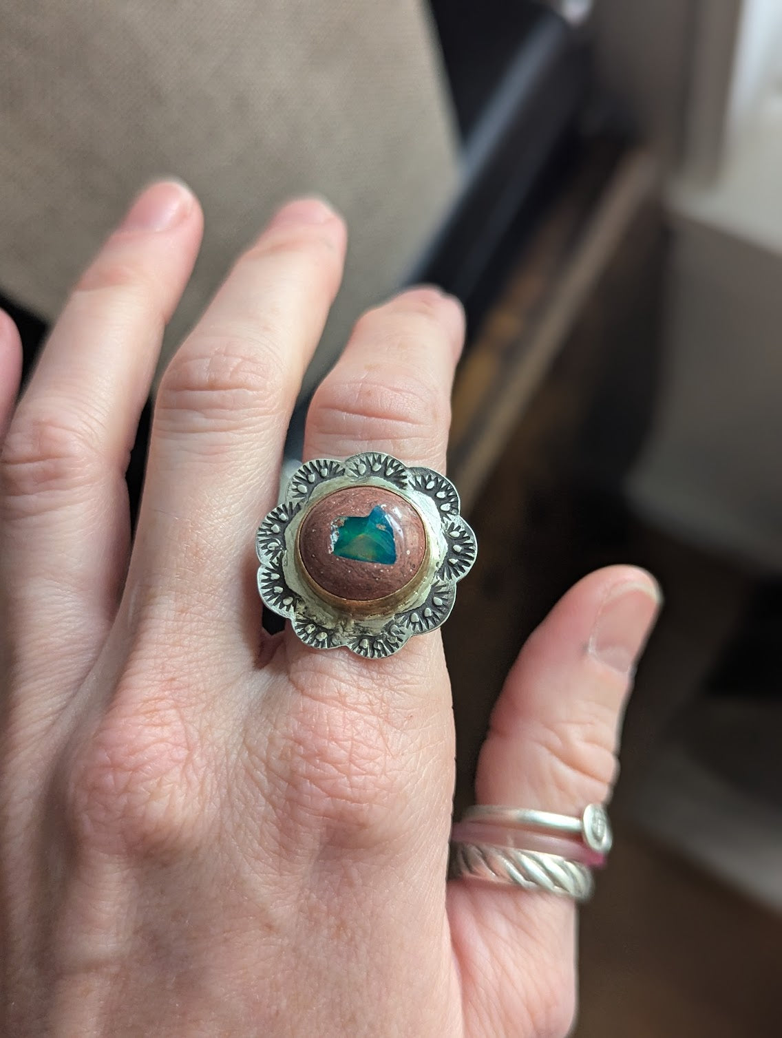 Cantera Fire Opal Floral Gold and Silver Ring - Size 8