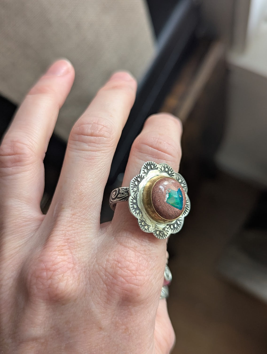 Cantera Fire Opal Floral Gold and Silver Ring - Size 8