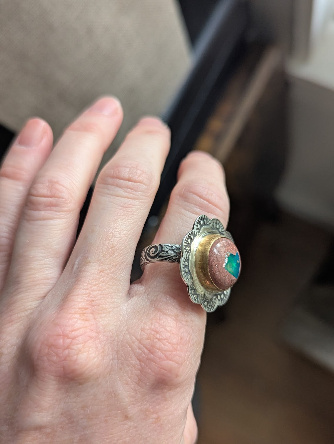 Cantera Fire Opal Floral Gold and Silver Ring - Size 8