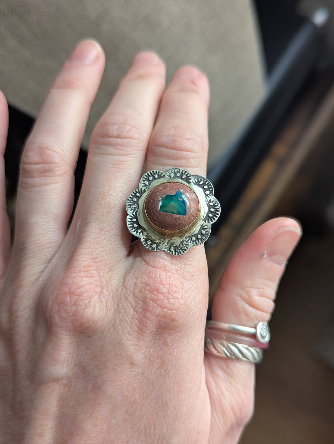 Cantera Fire Opal Floral Gold and Silver Ring - Size 8