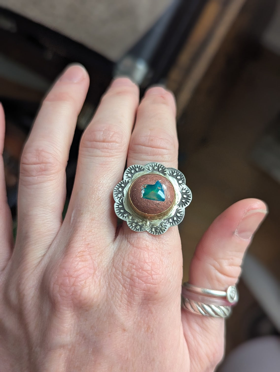 Cantera Fire Opal Floral Gold and Silver Ring - Size 8