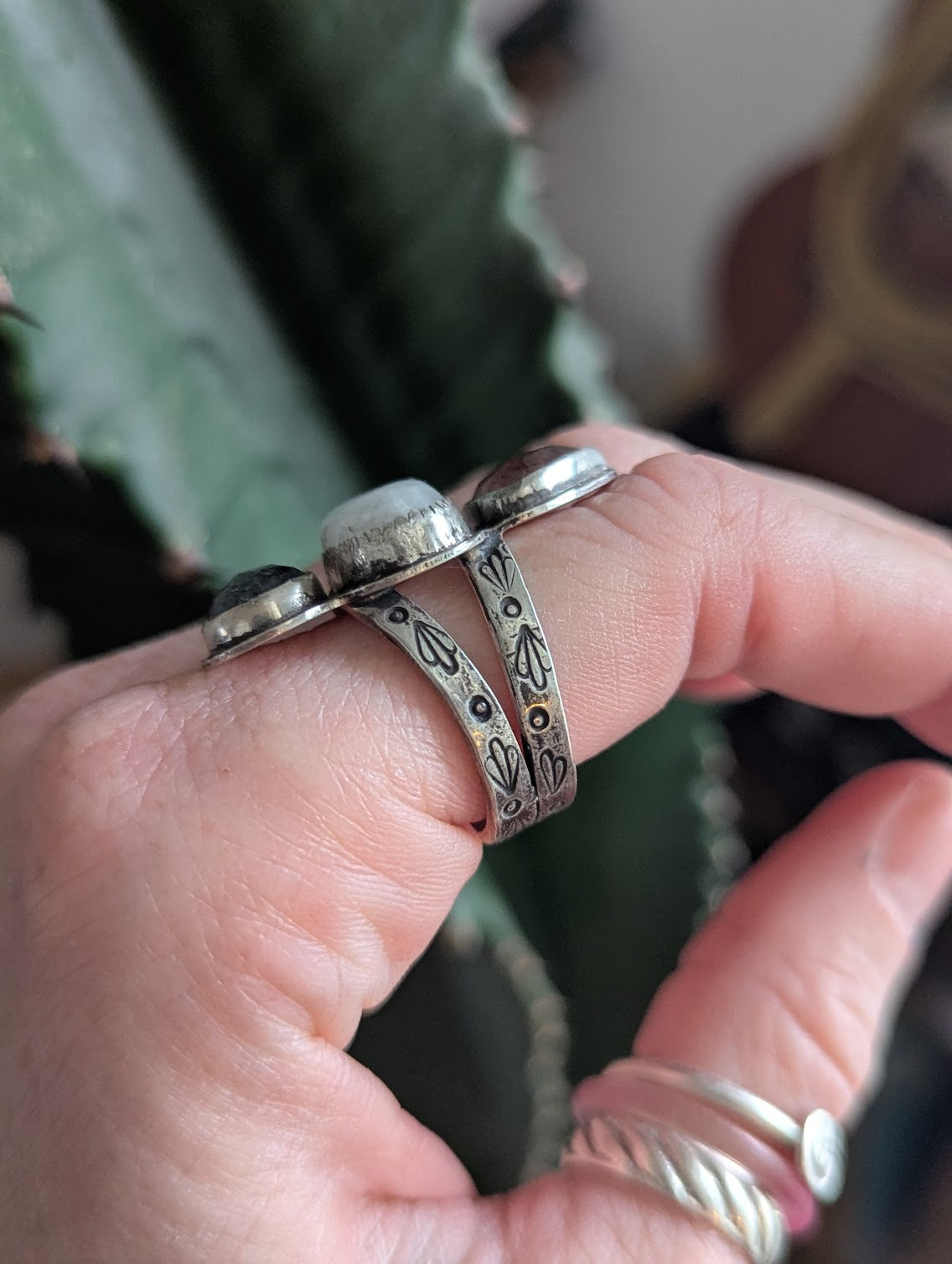 Strawberry Quartz, Moonstone, Dot Rutile Quartz Silver Trio RIng - Size 8