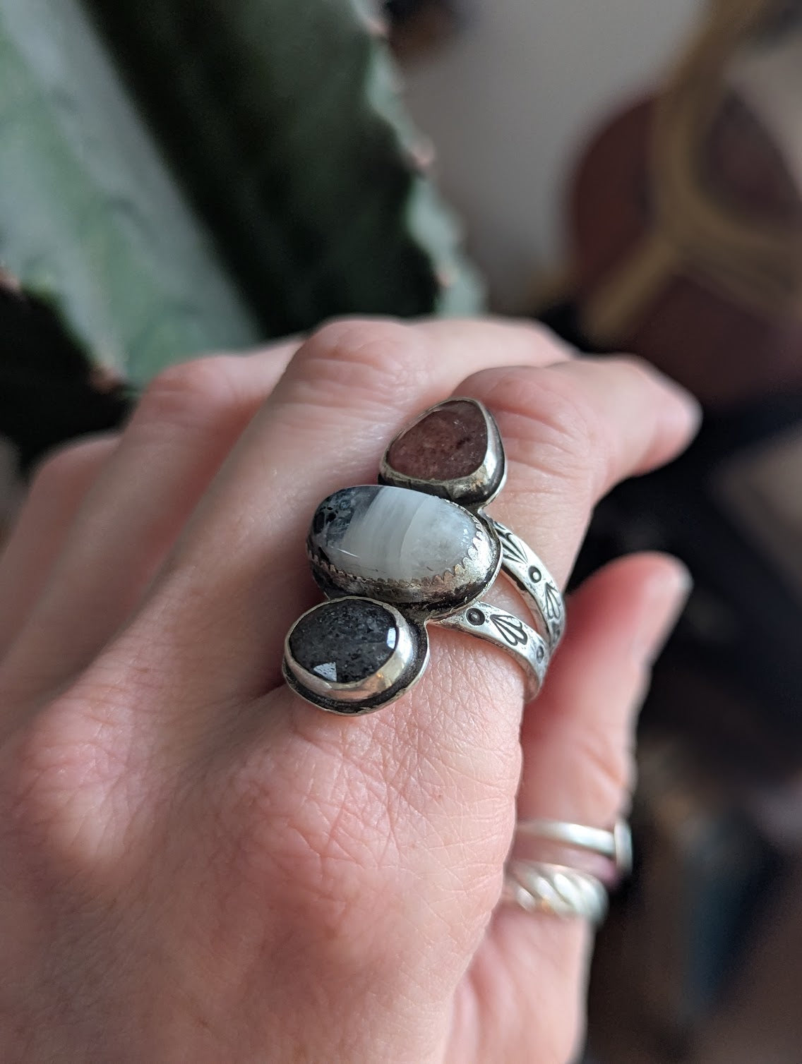 Strawberry Quartz, Moonstone, Dot Rutile Quartz Silver Trio RIng - Size 8