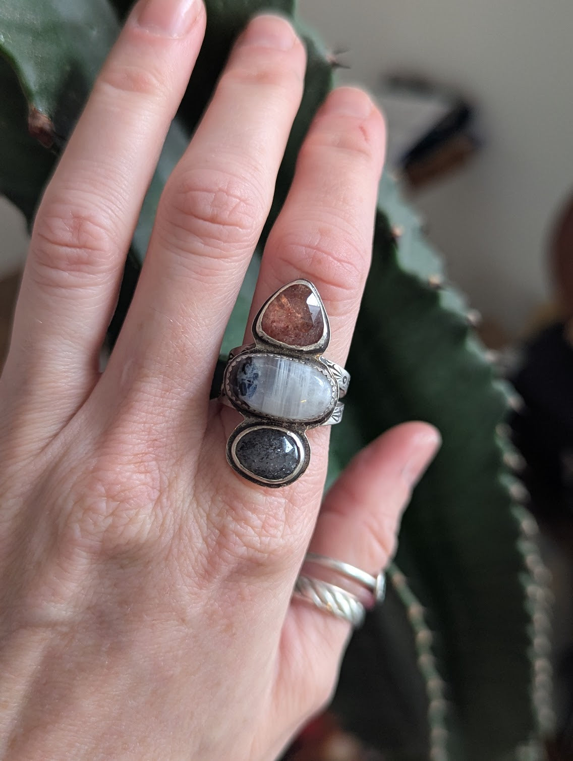 Strawberry Quartz, Moonstone, Dot Rutile Quartz Silver Trio RIng - Size 8