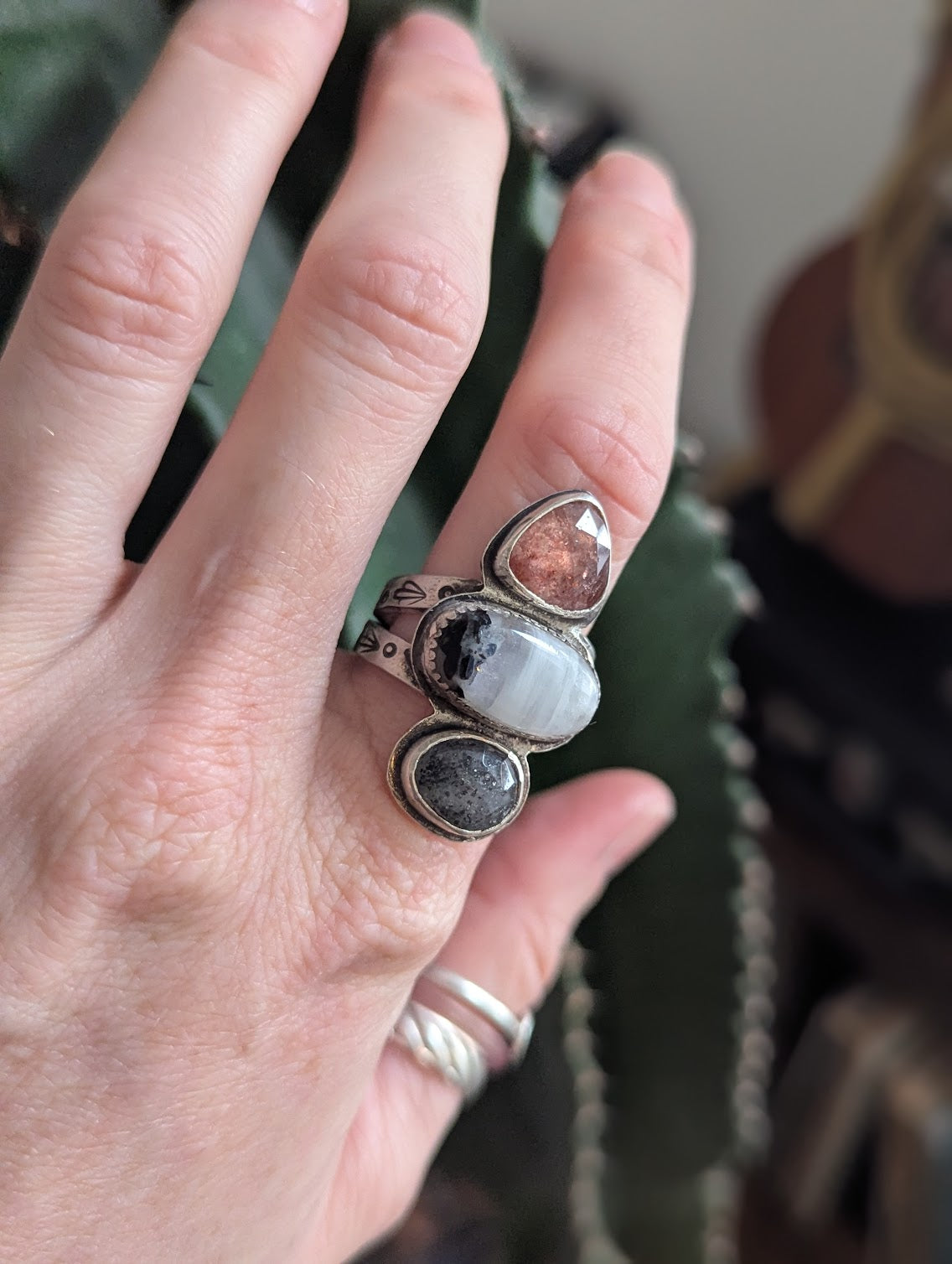 Strawberry Quartz, Moonstone, Dot Rutile Quartz Silver Trio RIng - Size 8