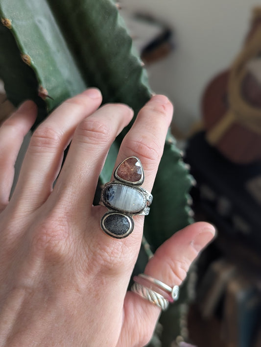 Strawberry Quartz, Moonstone, Dot Rutile Quartz Silver Trio RIng - Size 8