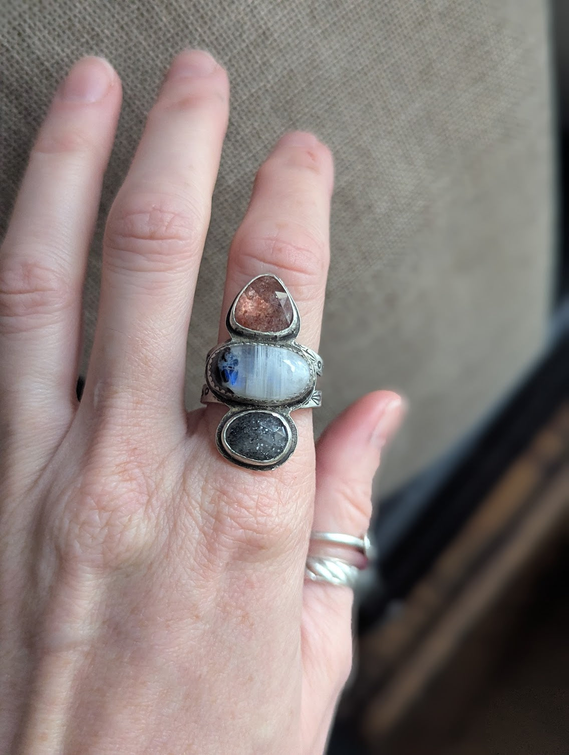 Strawberry Quartz, Moonstone, Dot Rutile Quartz Silver Trio RIng - Size 8