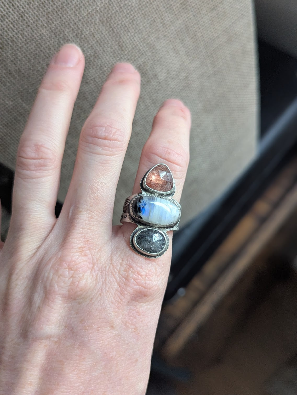 Strawberry Quartz, Moonstone, Dot Rutile Quartz Silver Trio RIng - Size 8