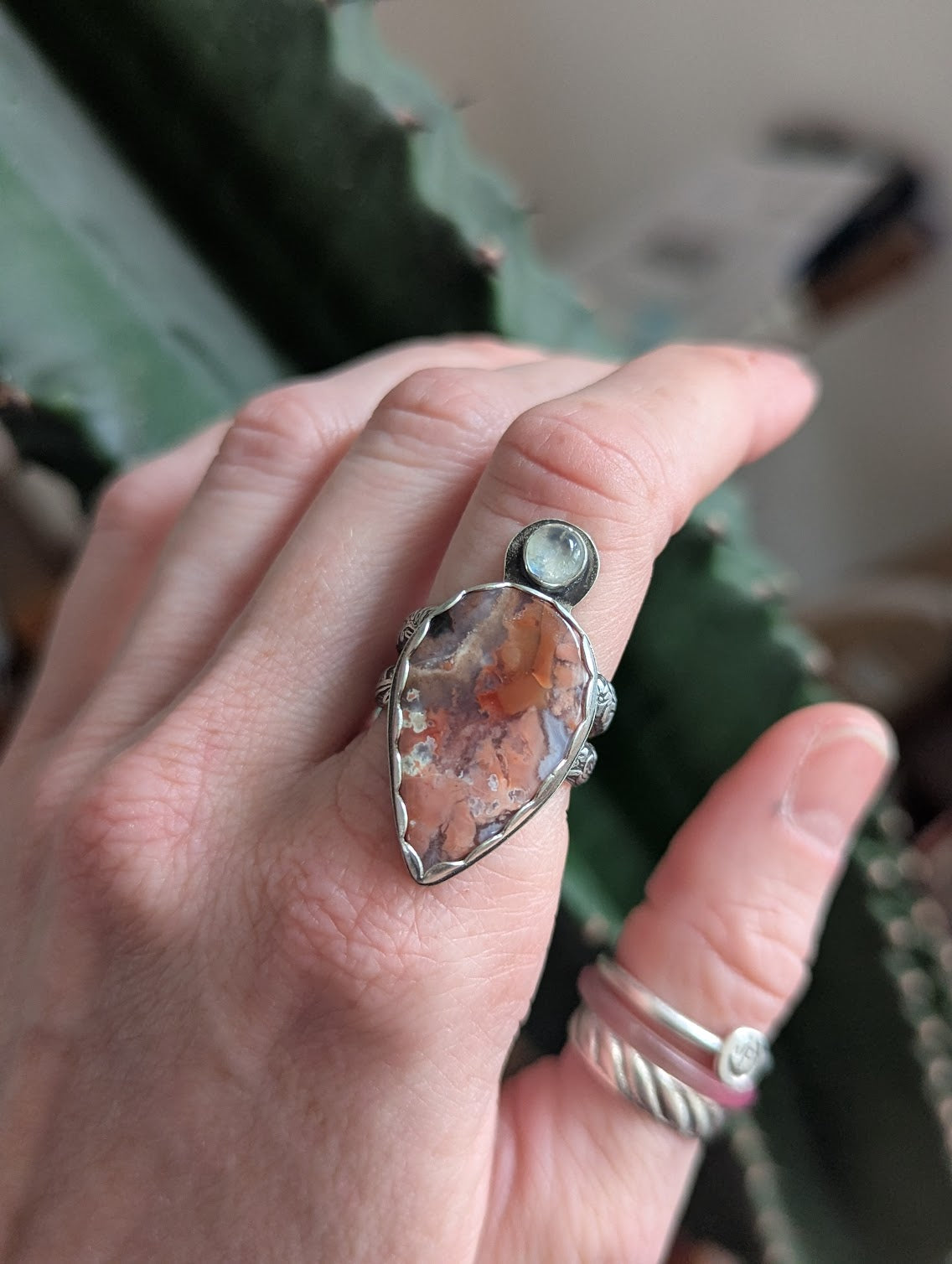 Pink Crazy Lace Agate and Moonstone Silver Ring - Size 8