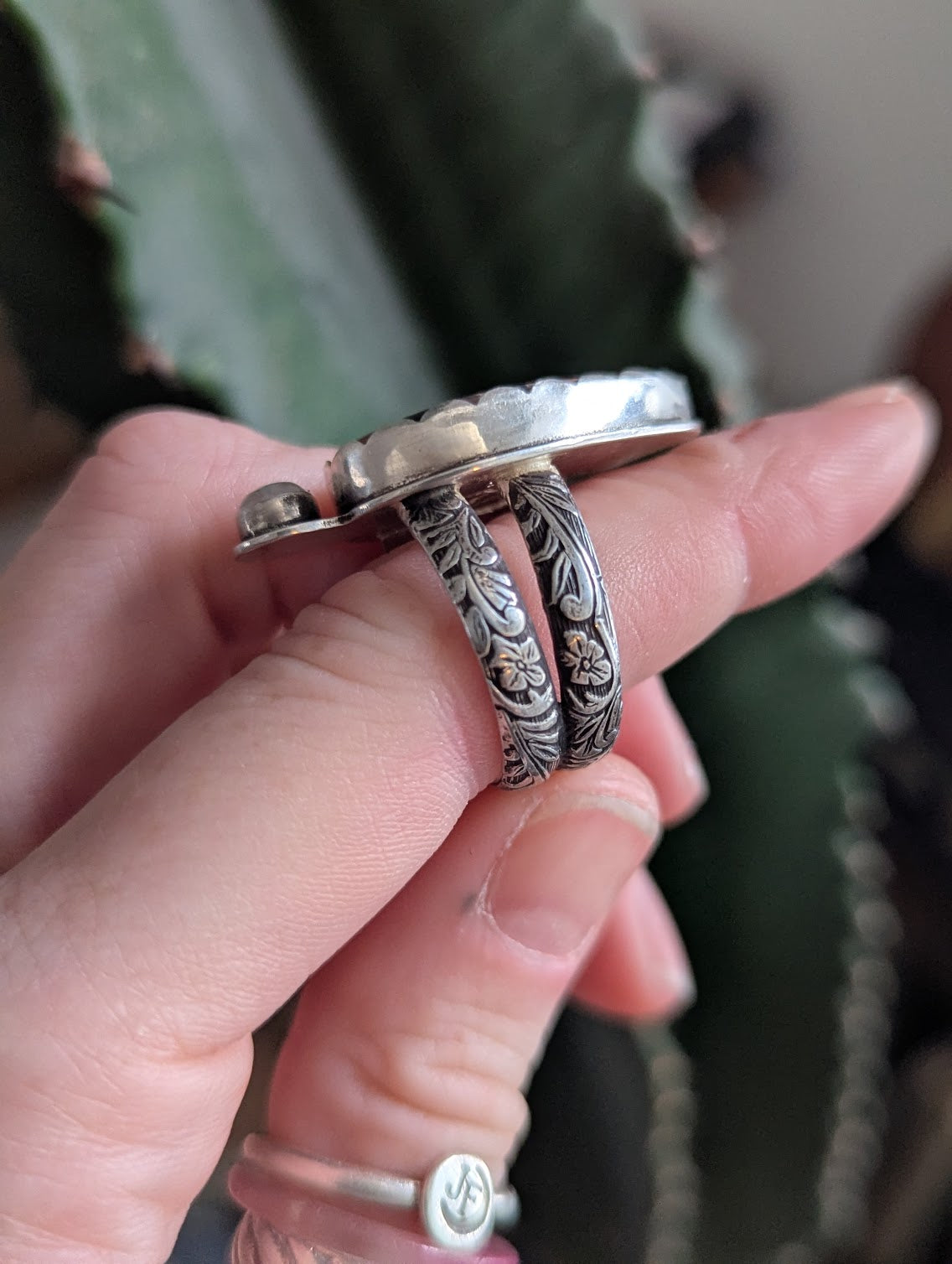 Pink Crazy Lace Agate and Moonstone Silver Ring - Size 8