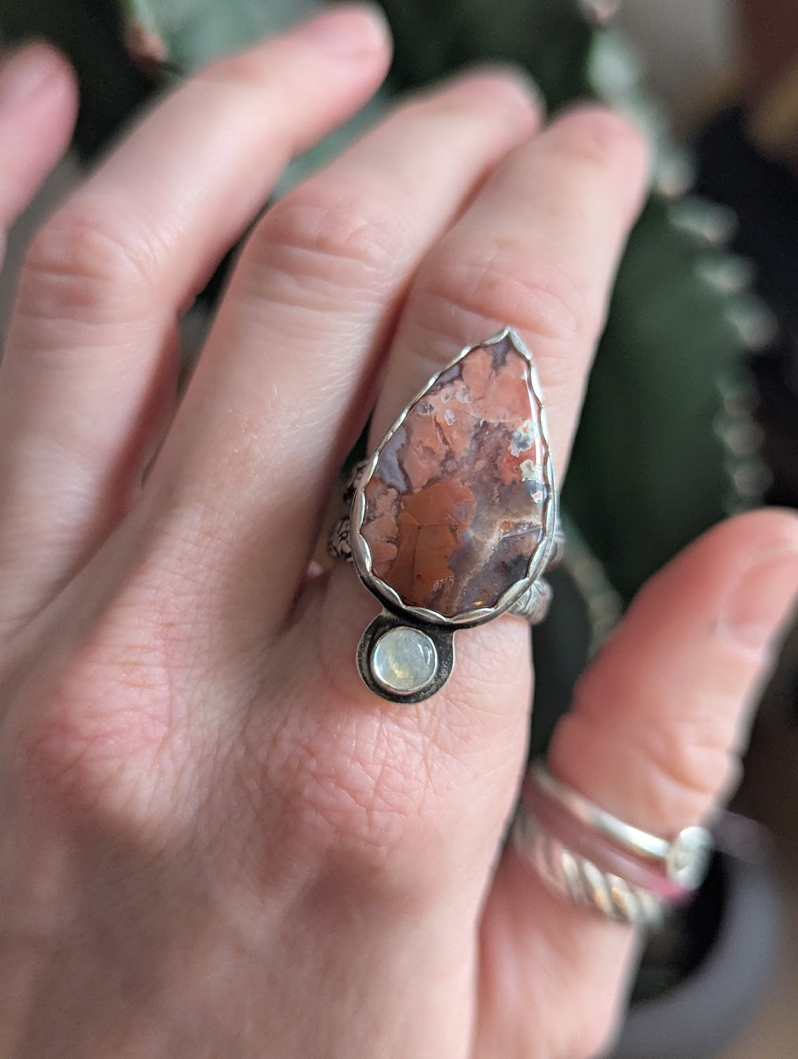 Pink Crazy Lace Agate and Moonstone Silver Ring - Size 8