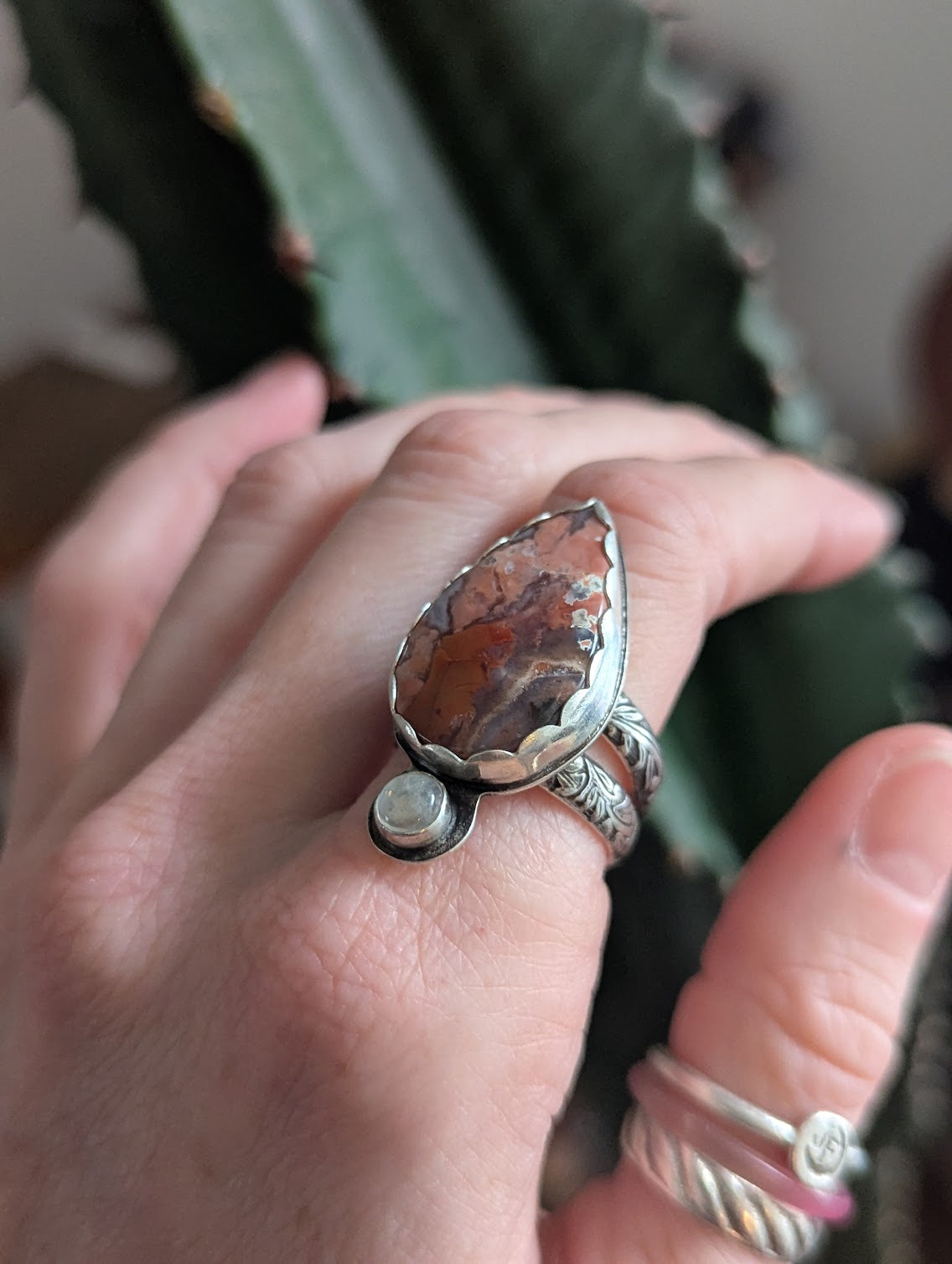 Pink Crazy Lace Agate and Moonstone Silver Ring - Size 8