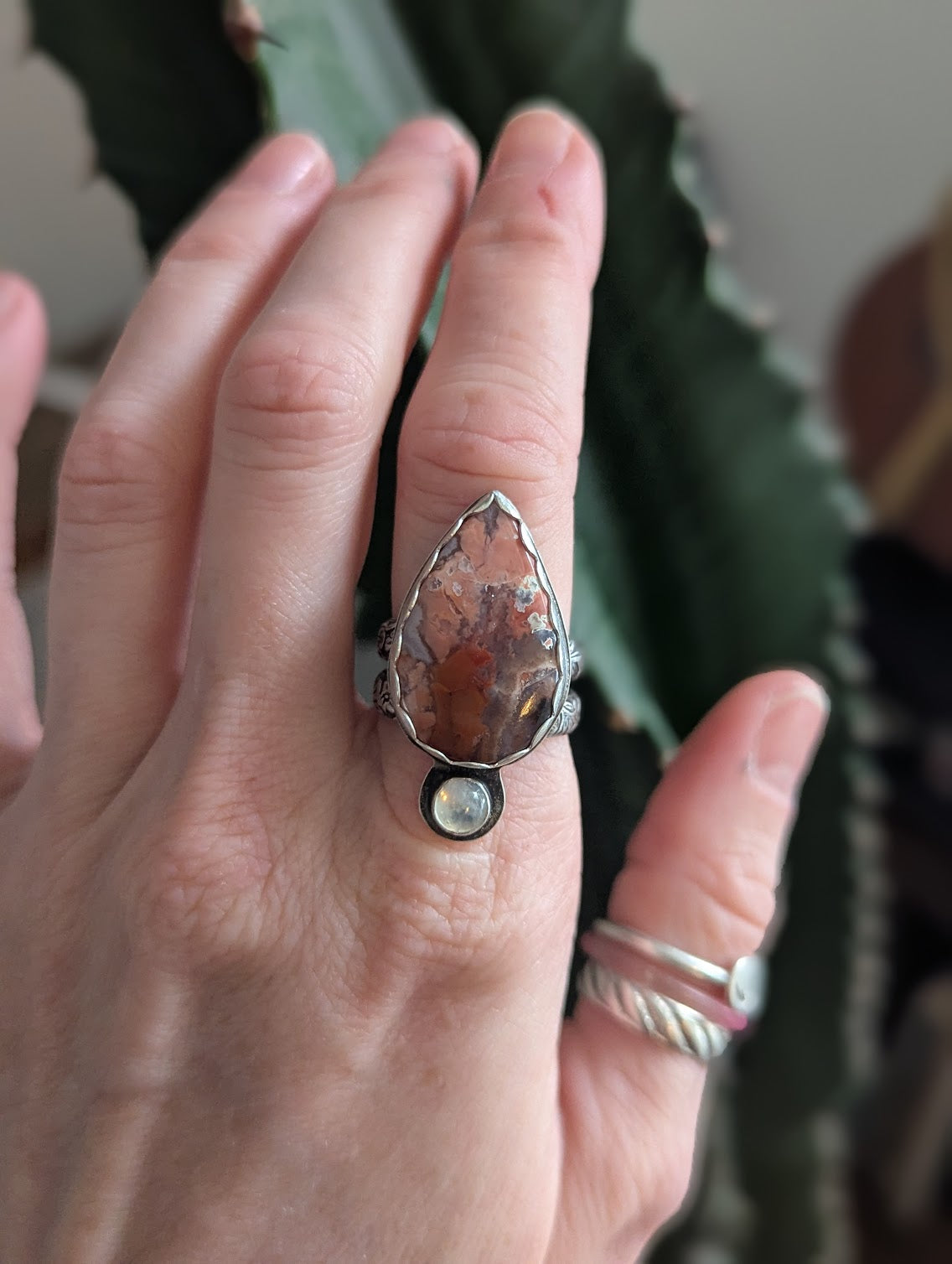 Pink Crazy Lace Agate and Moonstone Silver Ring - Size 8