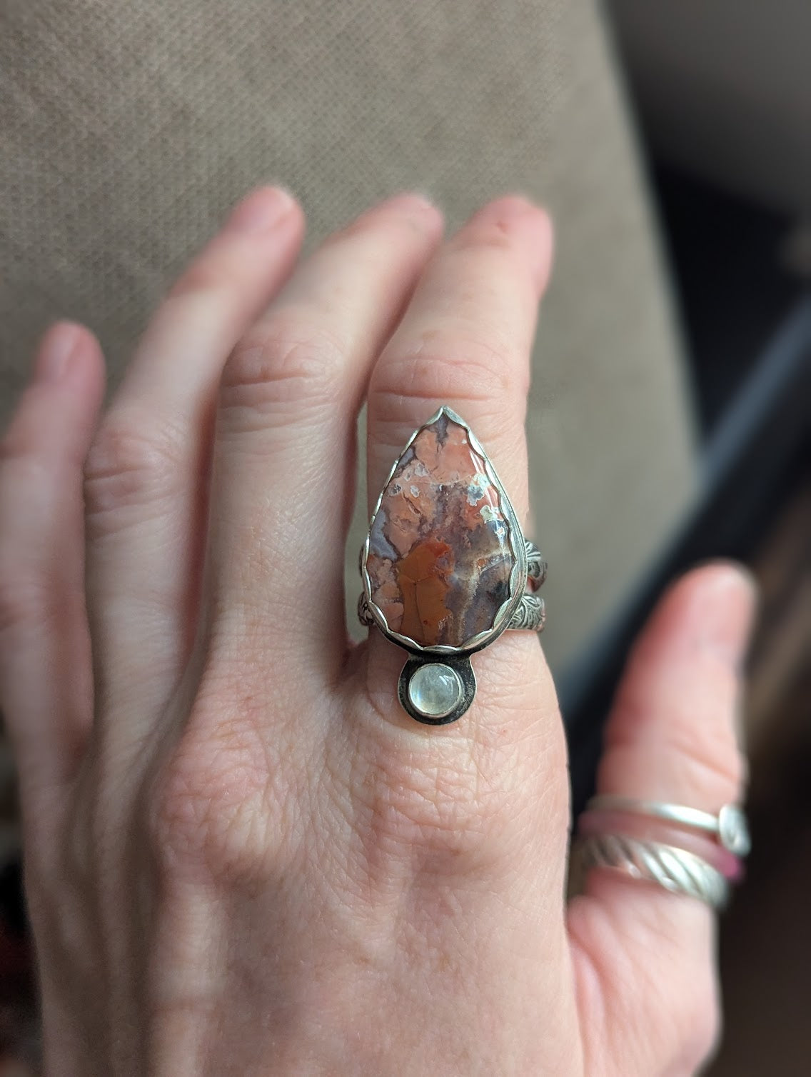 Pink Crazy Lace Agate and Moonstone Silver Ring - Size 8
