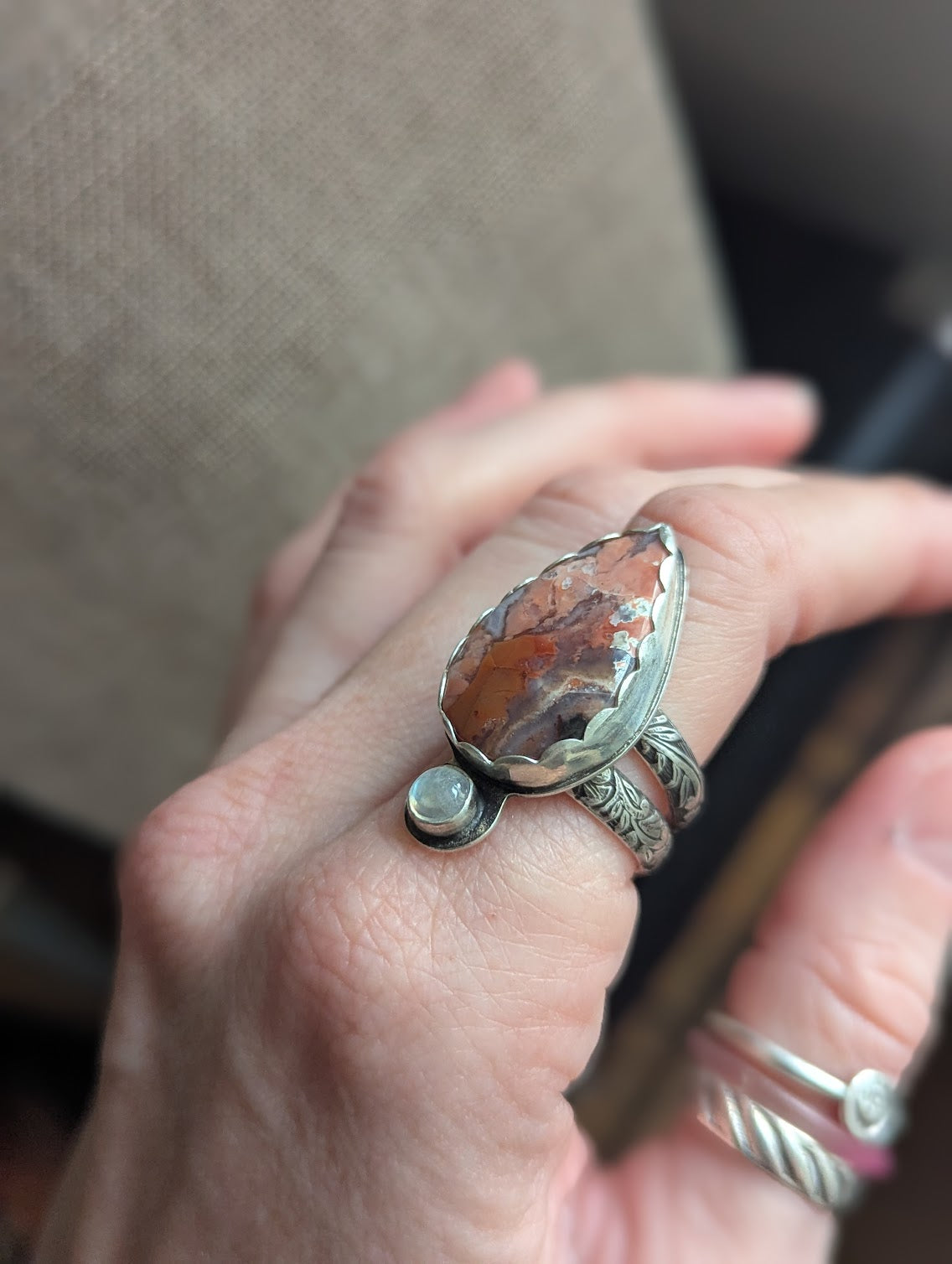 Pink Crazy Lace Agate and Moonstone Silver Ring - Size 8