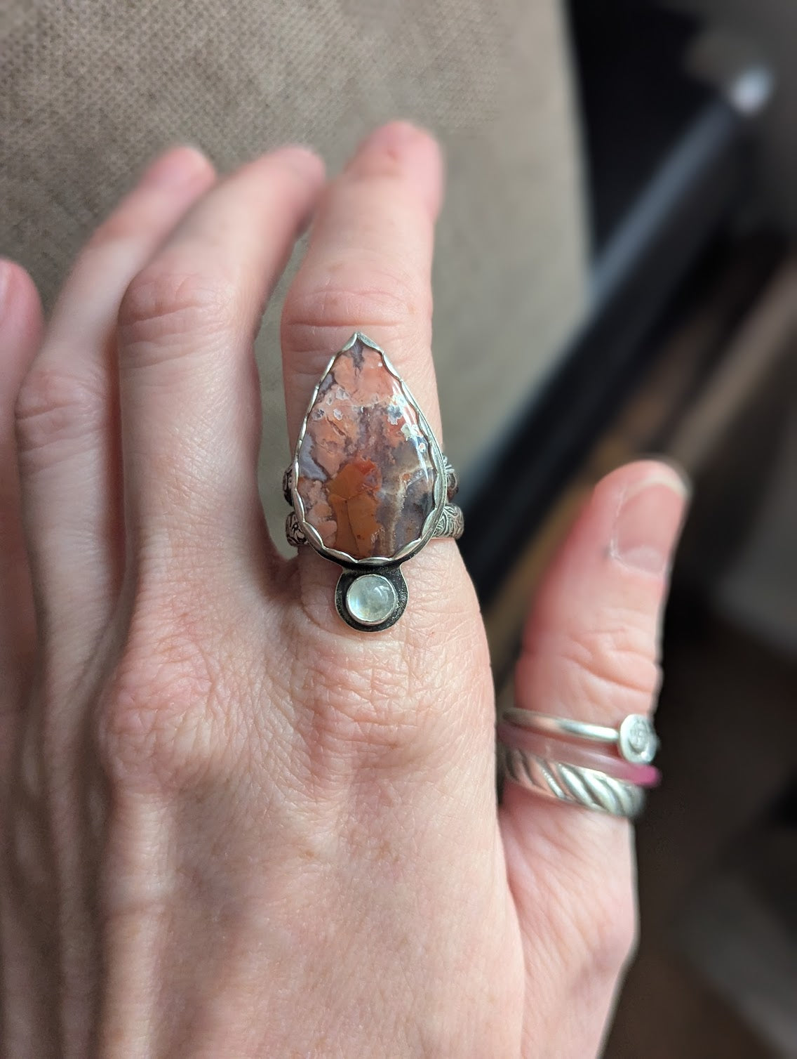 Pink Crazy Lace Agate and Moonstone Silver Ring - Size 8