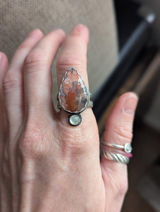 Pink Crazy Lace Agate and Moonstone Silver Ring - Size 8