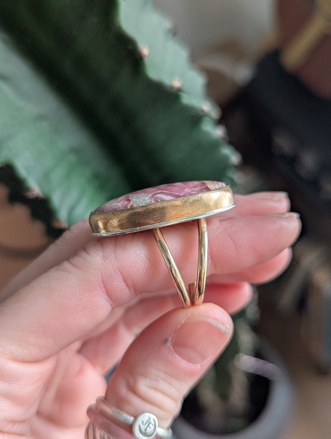 Rhodocrosite Gold and Silver Statement Ring - Size 7