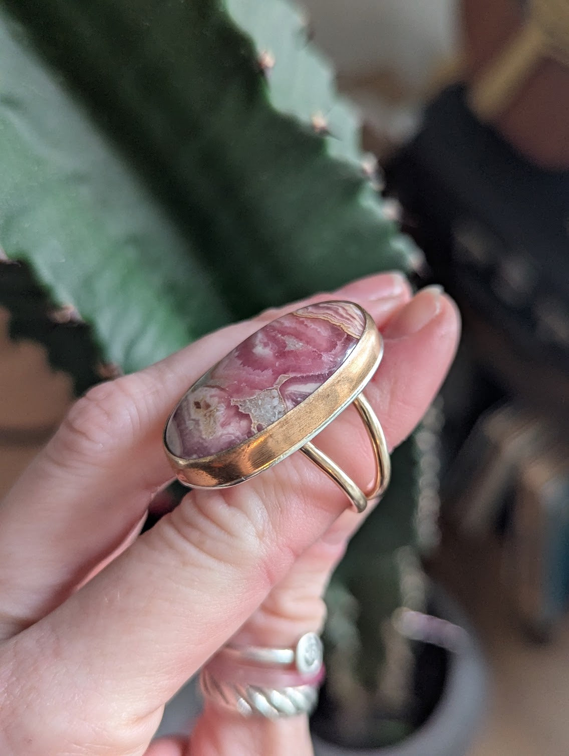 Rhodocrosite Gold and Silver Statement Ring - Size 7