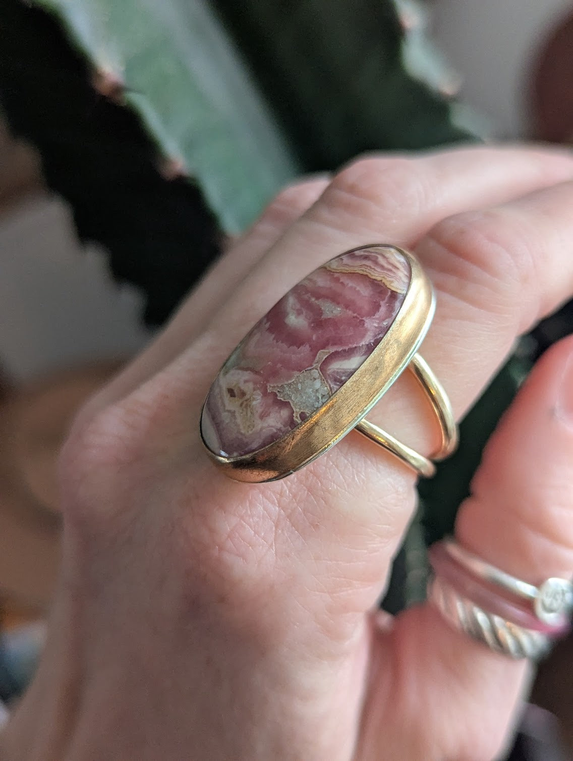 Rhodocrosite Gold and Silver Statement Ring - Size 7